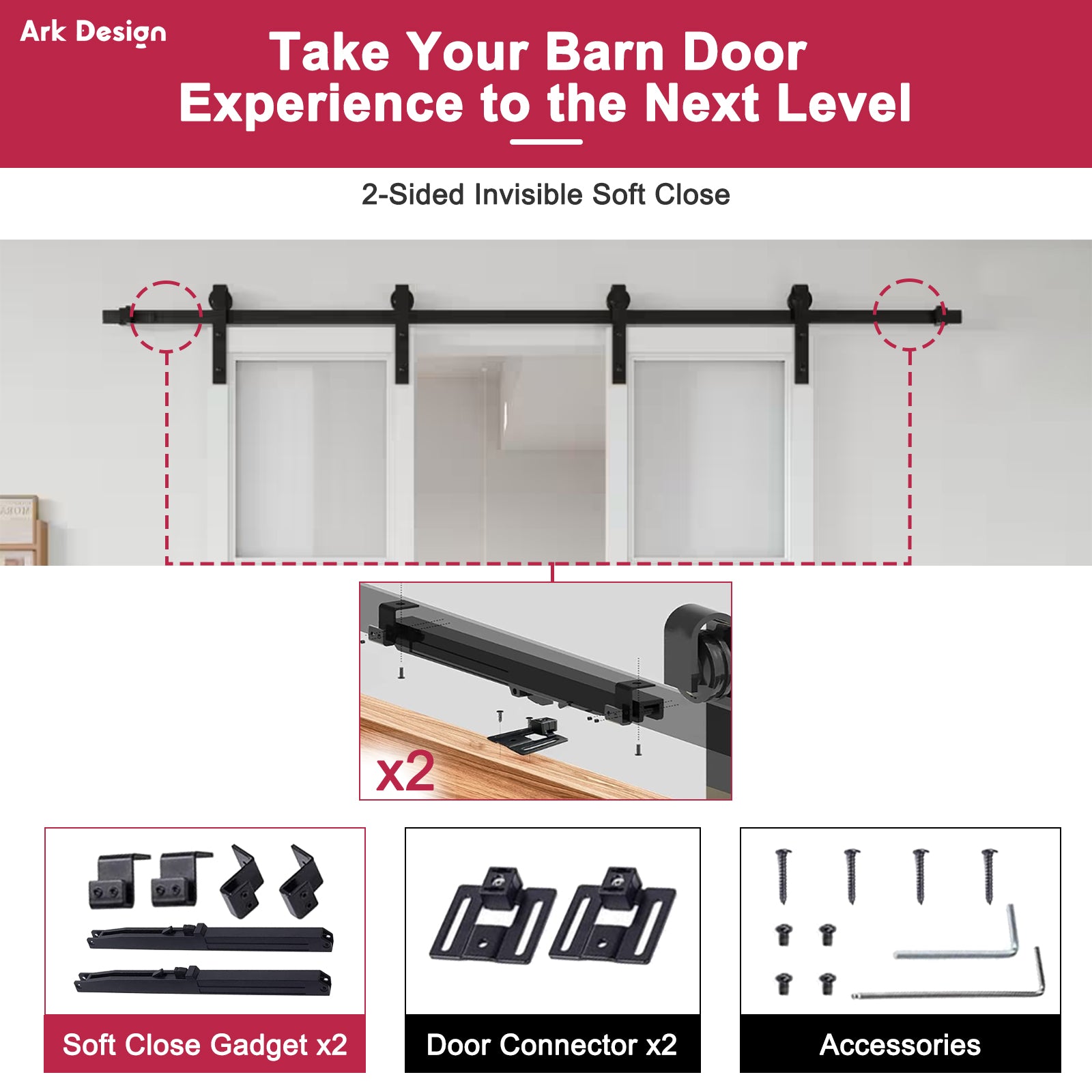 Ark Design Double Sliding Barn Door, Half Lite Moru Glass, Solid Core MDF Wood & PVC Covered Finished, with Hardware Kit & Handle & Floor Guide, White