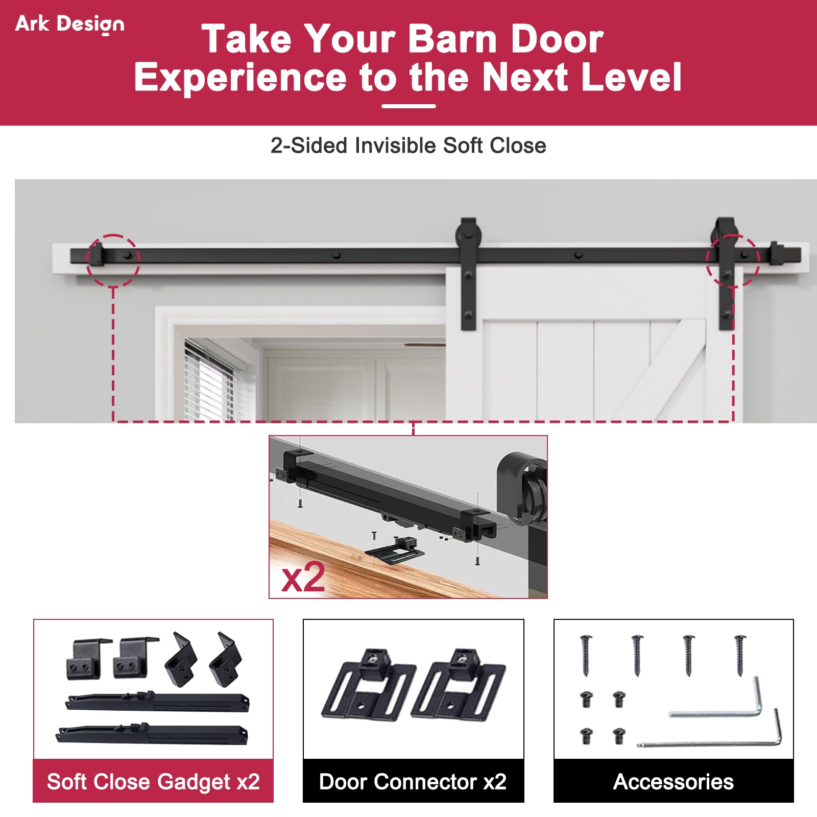Ark Design Sliding Glass Barn Door, 5-Lite Tempered Frosted Glass, Solid Core MDF Wood & PVC Covered Finished, with Brushed Nickle Hardware Kit & Handle & Floor Guide