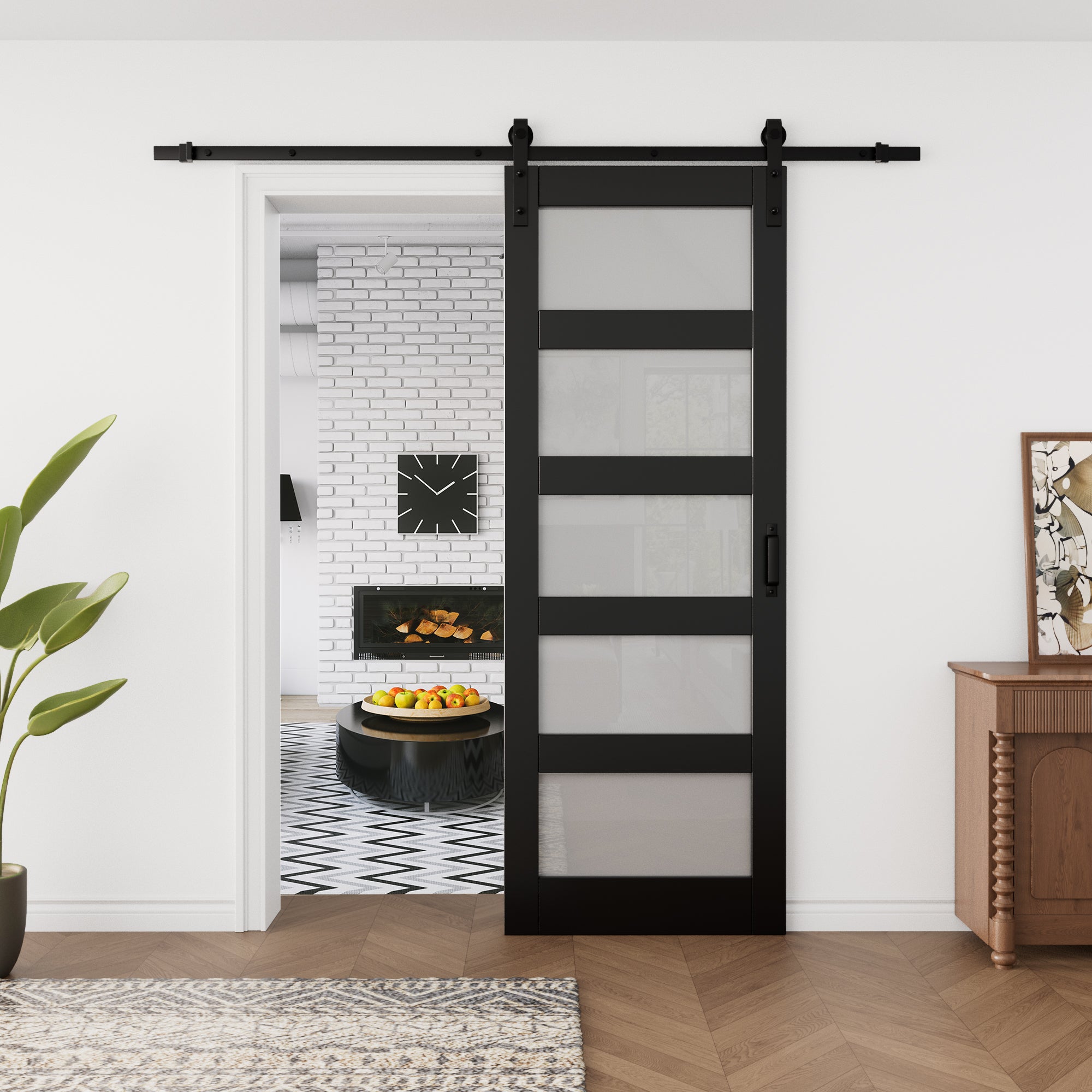 Ark Design Sliding Glass Barn Door, 5-Lite Tempered Frosted Glass, Solid Core MDF Wood & PVC Covered Finished, with Hardware Kit & Handle & Floor Guide, Black