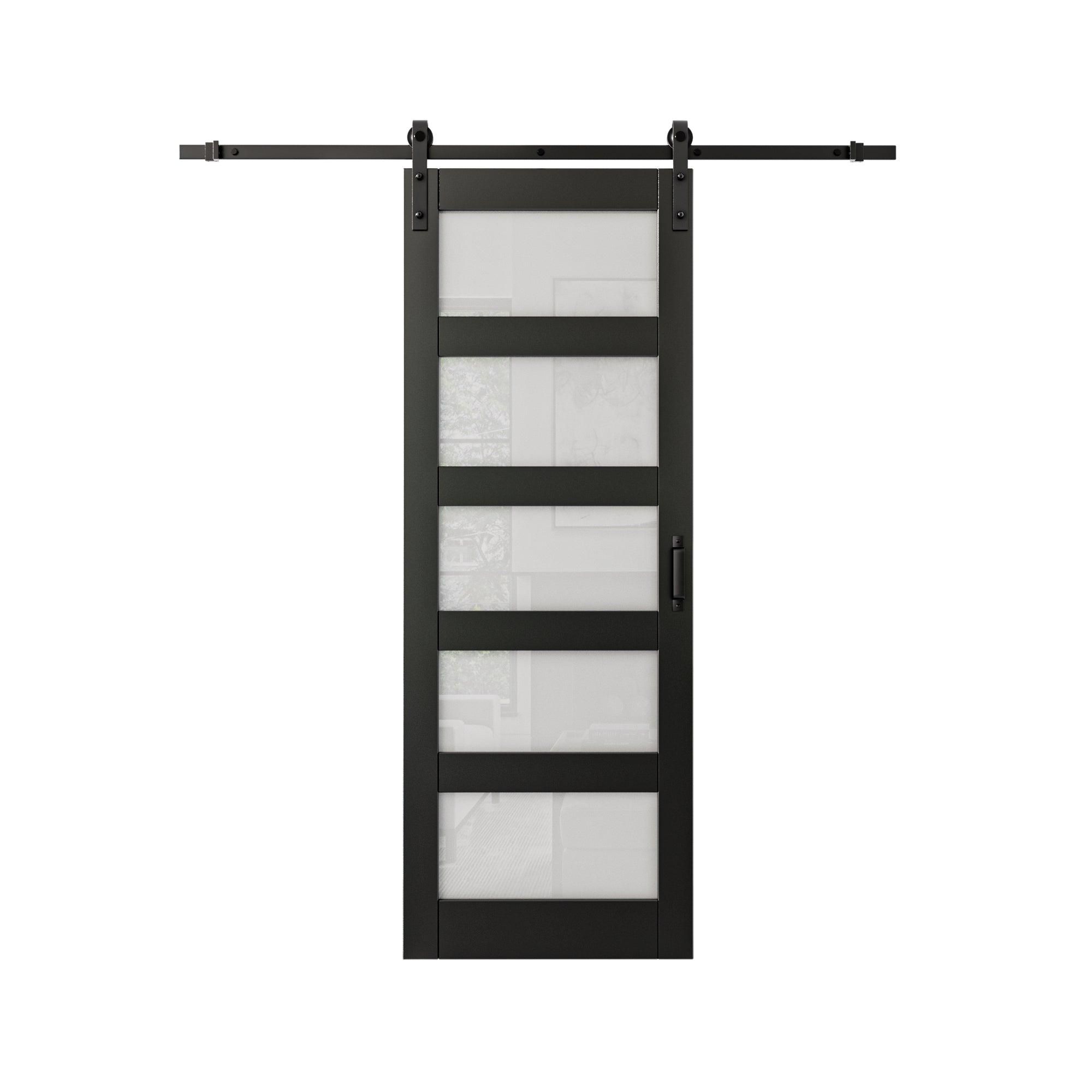 Ark Design Sliding Glass Barn Door, 5-Lite Tempered Frosted Glass, Solid Core MDF Wood & PVC Covered Finished, with Hardware Kit & Handle & Floor Guide, Black