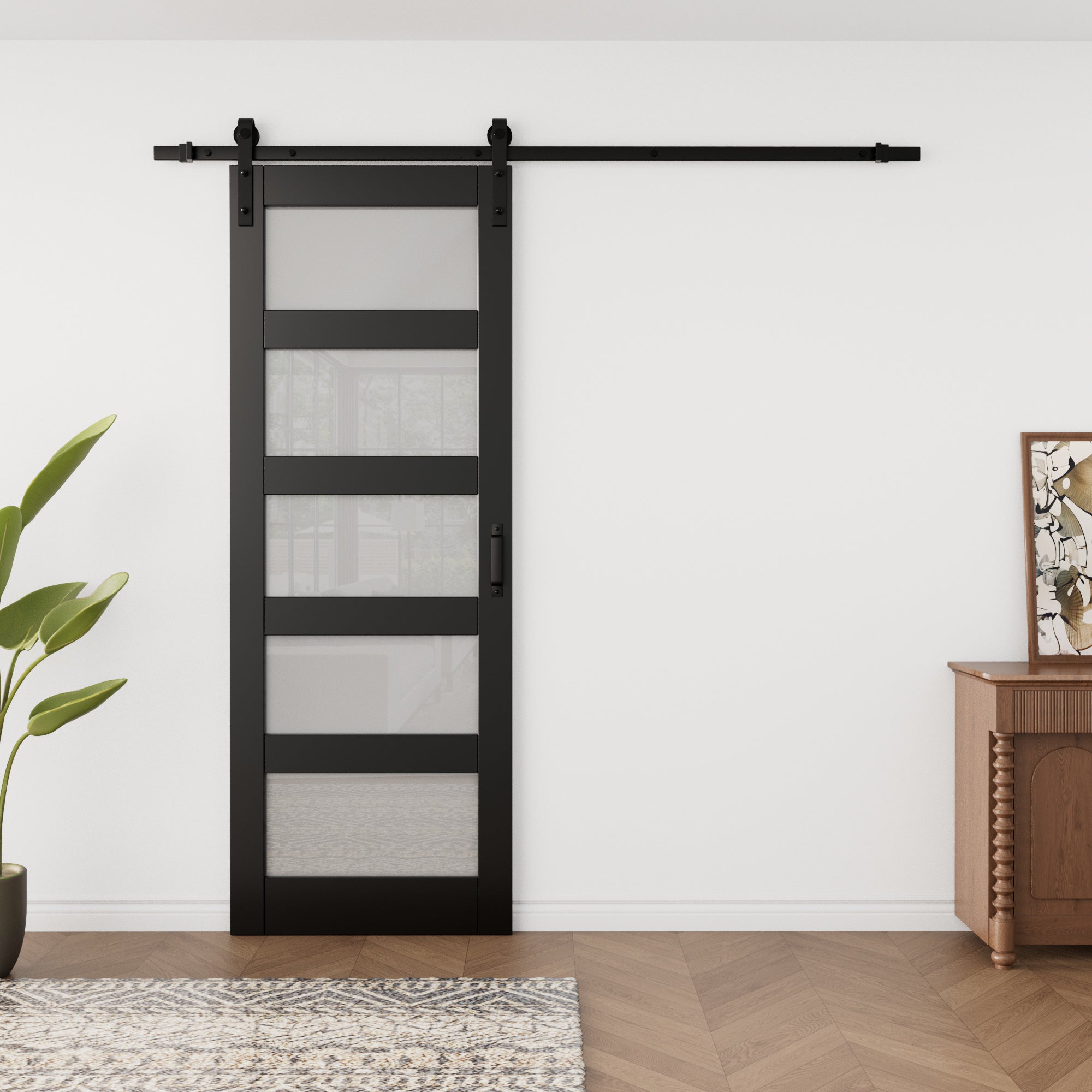 Ark Design Sliding Glass Barn Door, 5-Lite Tempered Frosted Glass, Solid Core MDF Wood & PVC Covered Finished, with Hardware Kit & Handle & Floor Guide, Black