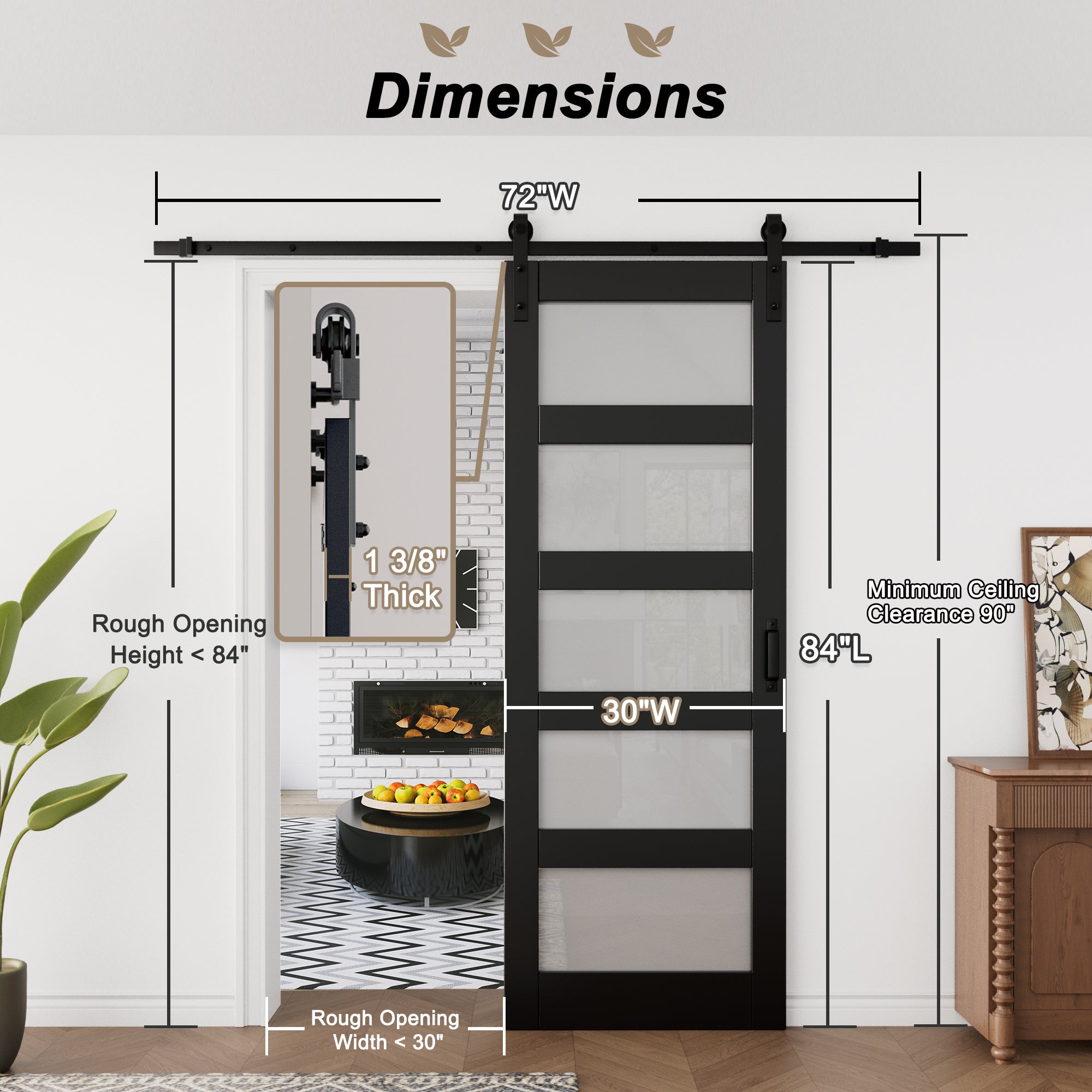 Ark Design Sliding Glass Barn Door, 5-Lite Tempered Frosted Glass, Solid Core MDF Wood & PVC Covered Finished, with Hardware Kit & Handle & Floor Guide, Black