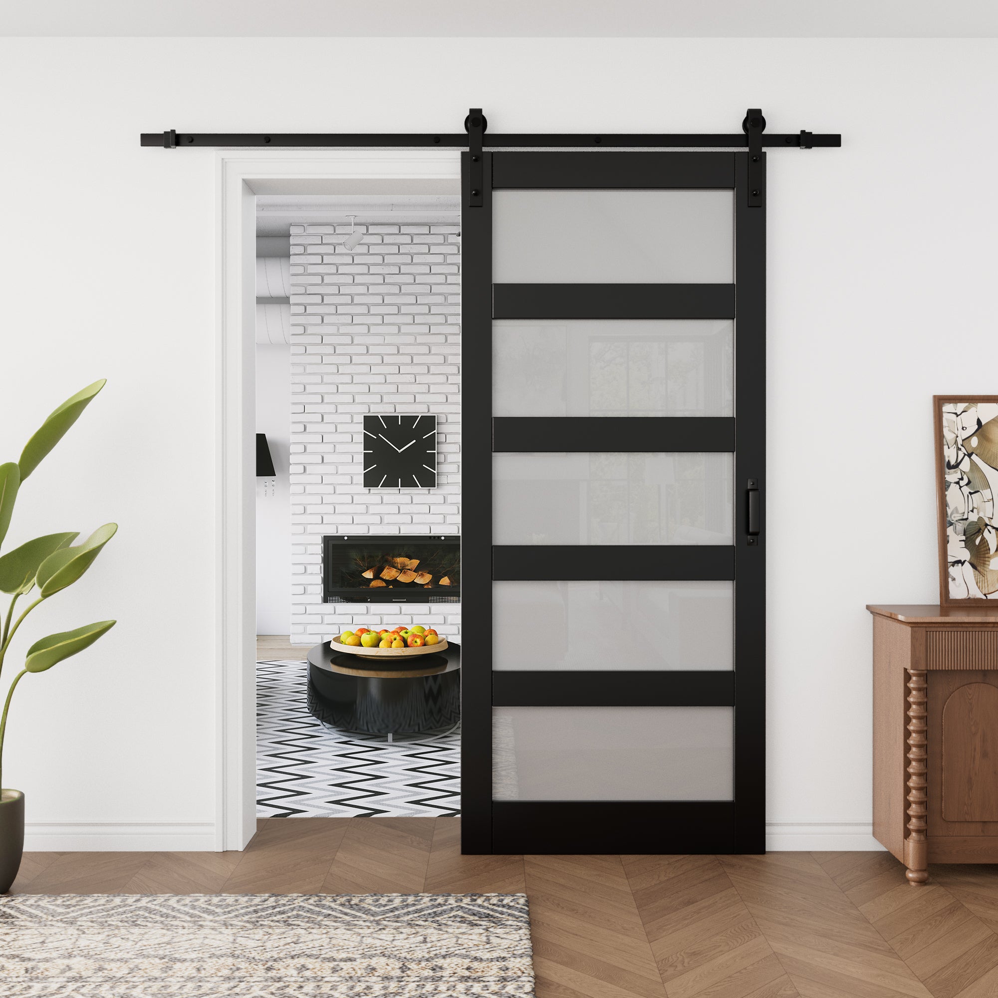 Ark Design Sliding Glass Barn Door, 5-Lite Tempered Frosted Glass, Solid Core MDF Wood & PVC Covered Finished, with Hardware Kit & Handle & Floor Guide, Black