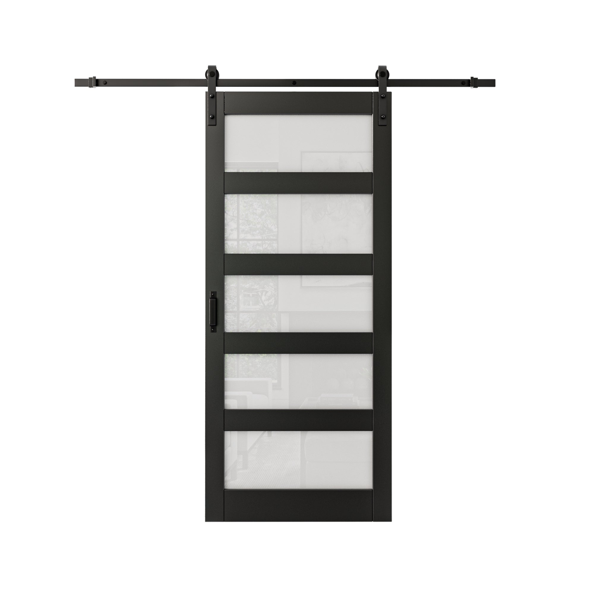 Ark Design Sliding Glass Barn Door, 5-Lite Tempered Frosted Glass, Solid Core MDF Wood & PVC Covered Finished, with Hardware Kit & Handle & Floor Guide, Black