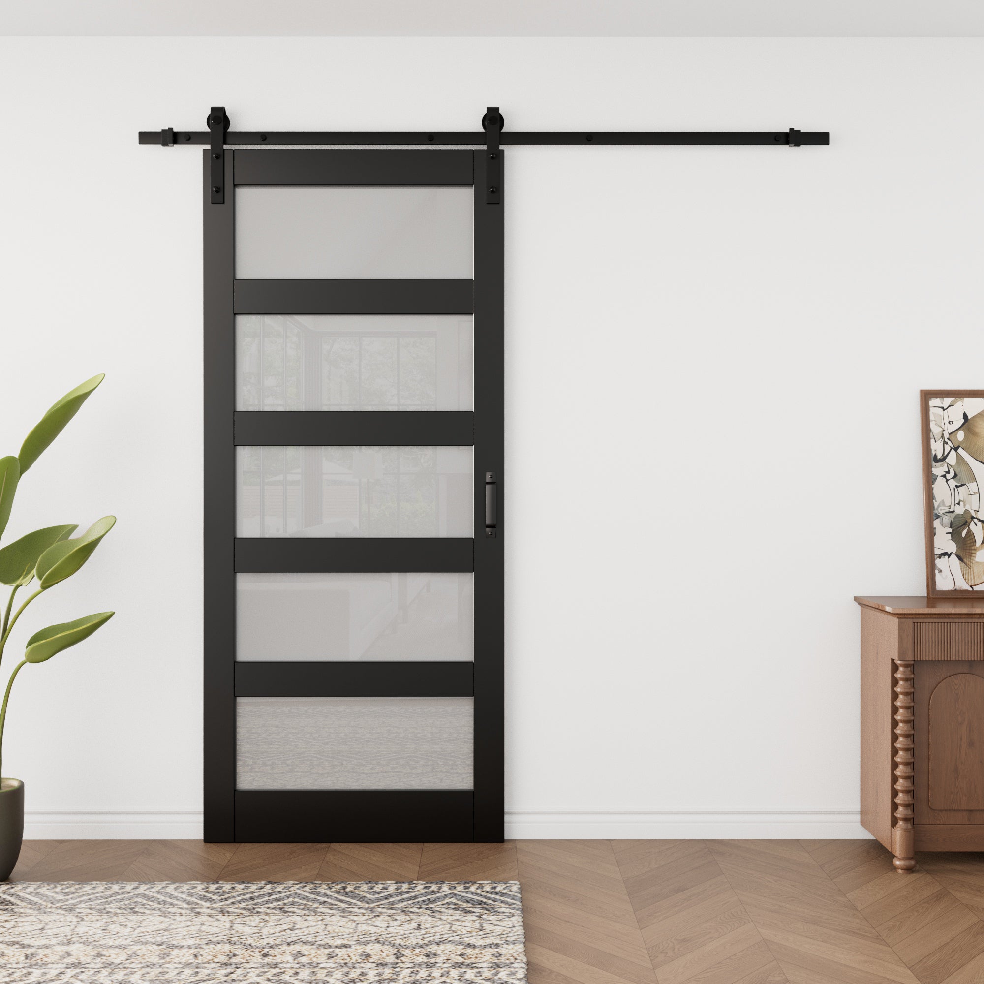 Ark Design Sliding Glass Barn Door, 5-Lite Tempered Frosted Glass, Solid Core MDF Wood & PVC Covered Finished, with Hardware Kit & Handle & Floor Guide, Black