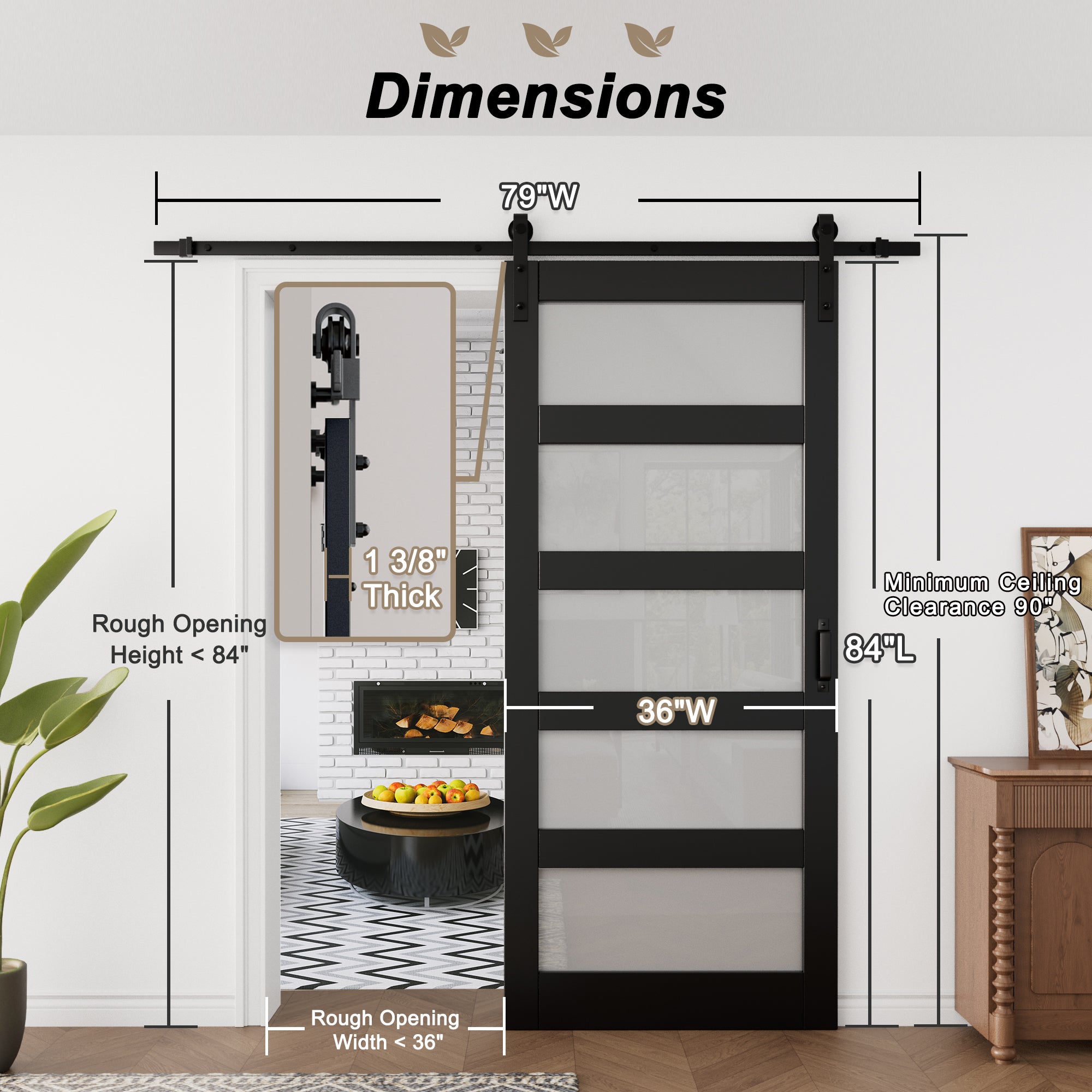 Ark Design Sliding Glass Barn Door, 5-Lite Tempered Frosted Glass, Solid Core MDF Wood & PVC Covered Finished, with Hardware Kit & Handle & Floor Guide, Black