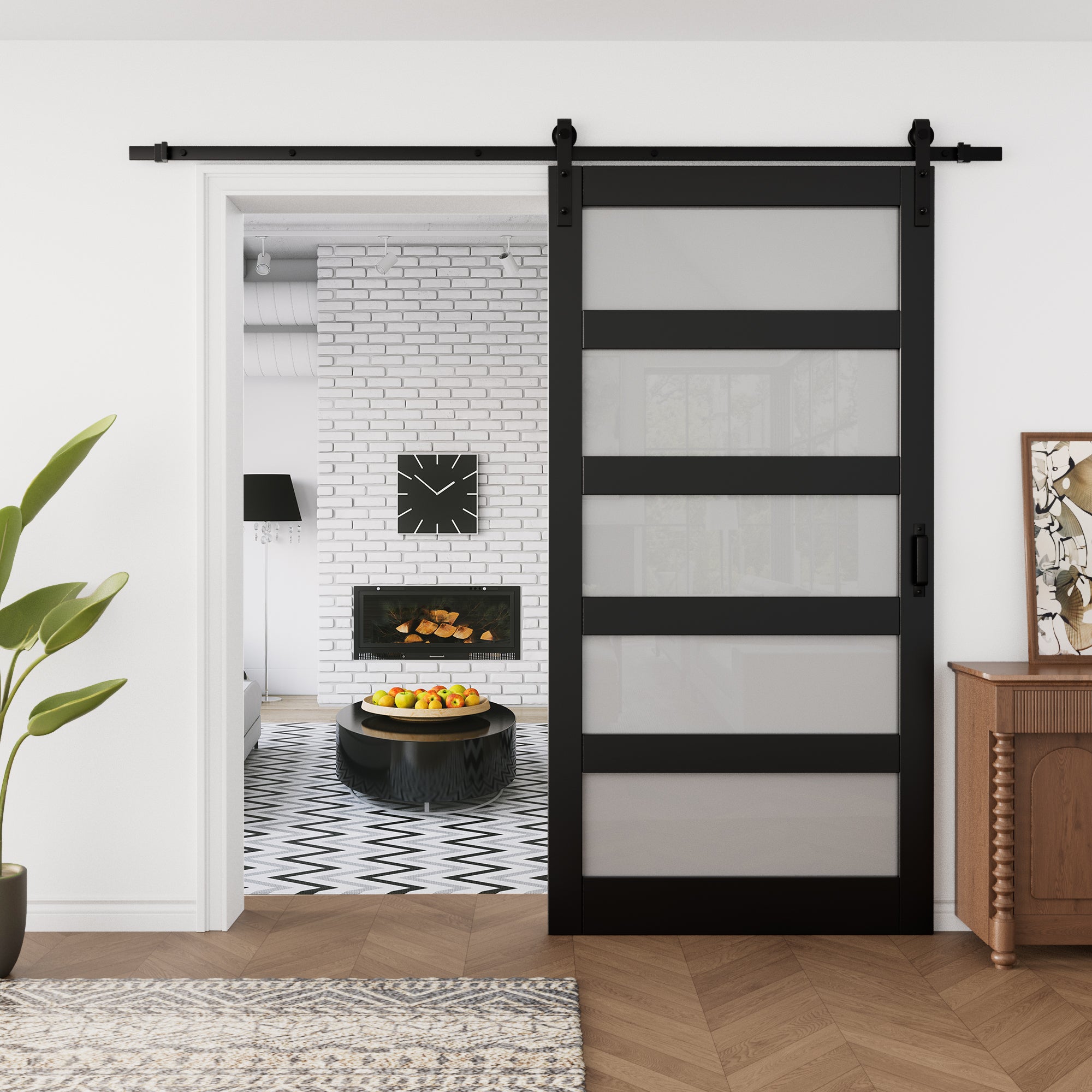 Ark Design Sliding Glass Barn Door, 5-Lite Tempered Frosted Glass, Solid Core MDF Wood & PVC Covered Finished, with Hardware Kit & Handle & Floor Guide, Black