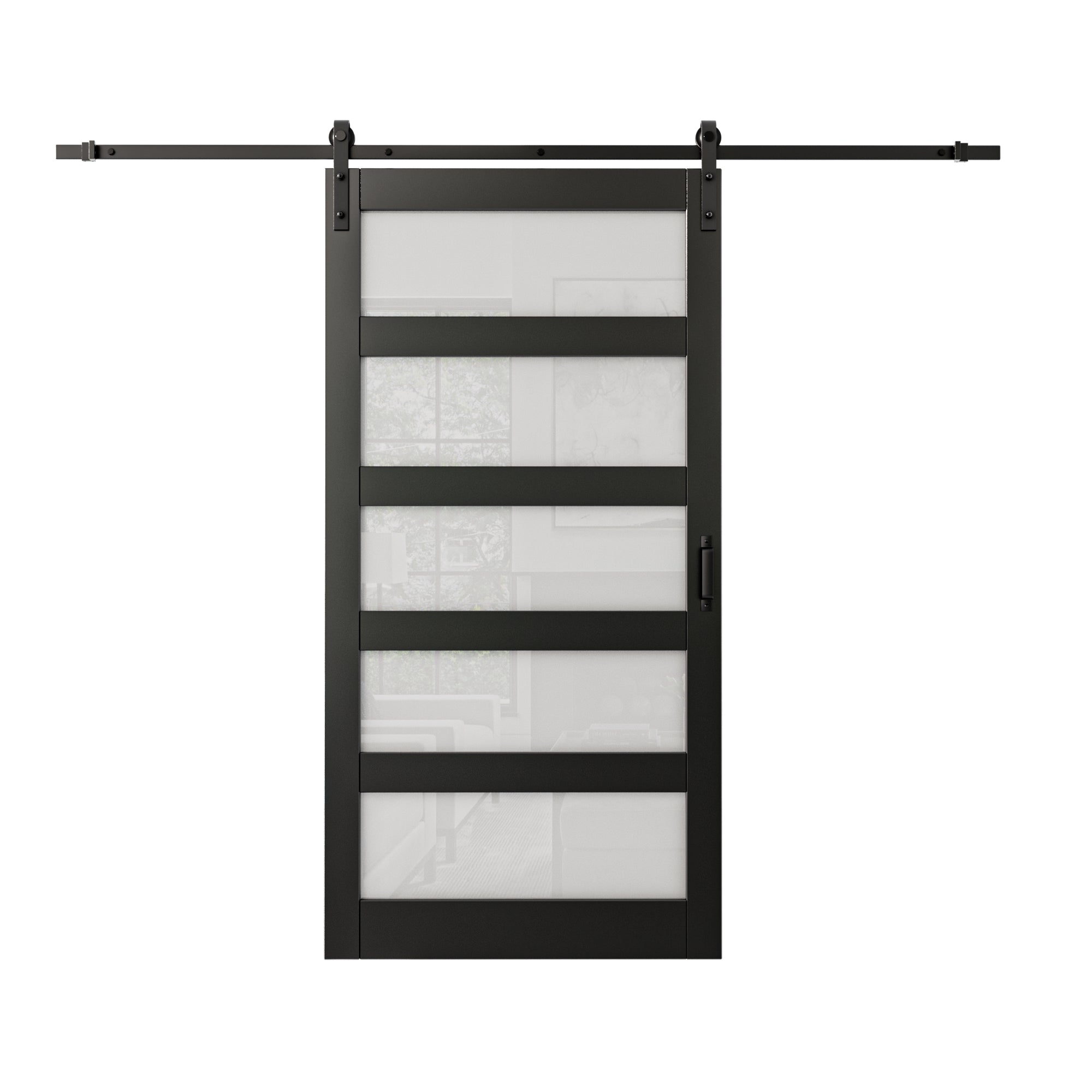 Ark Design Sliding Glass Barn Door, 5-Lite Tempered Frosted Glass, Solid Core MDF Wood & PVC Covered Finished, with Hardware Kit & Handle & Floor Guide, Black