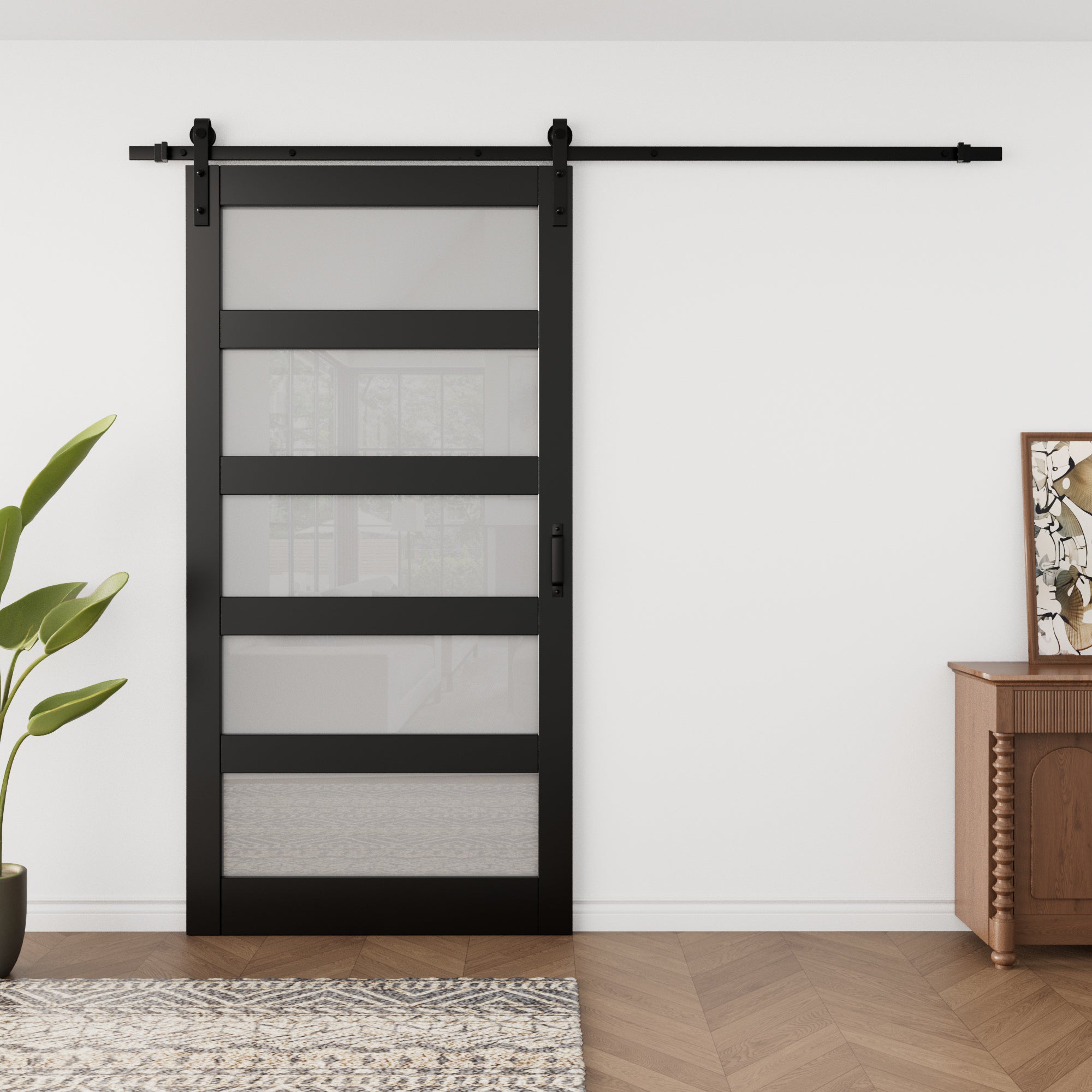 Ark Design Sliding Glass Barn Door, 5-Lite Tempered Frosted Glass, Solid Core MDF Wood & PVC Covered Finished, with Hardware Kit & Handle & Floor Guide, Black