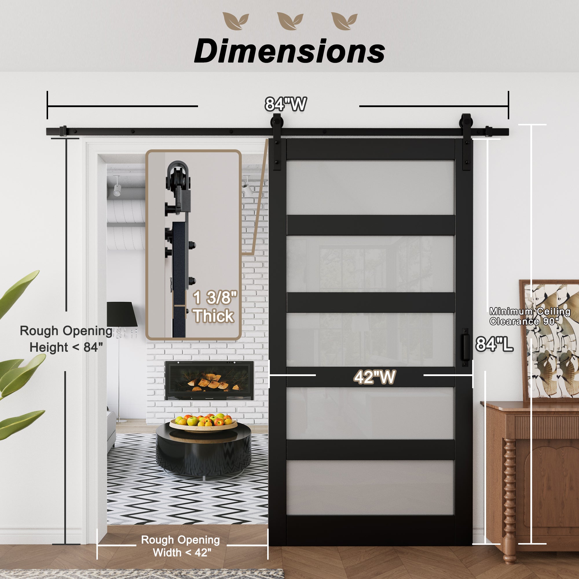 Ark Design Sliding Glass Barn Door, 5-Lite Tempered Frosted Glass, Solid Core MDF Wood & PVC Covered Finished, with Hardware Kit & Handle & Floor Guide, Black