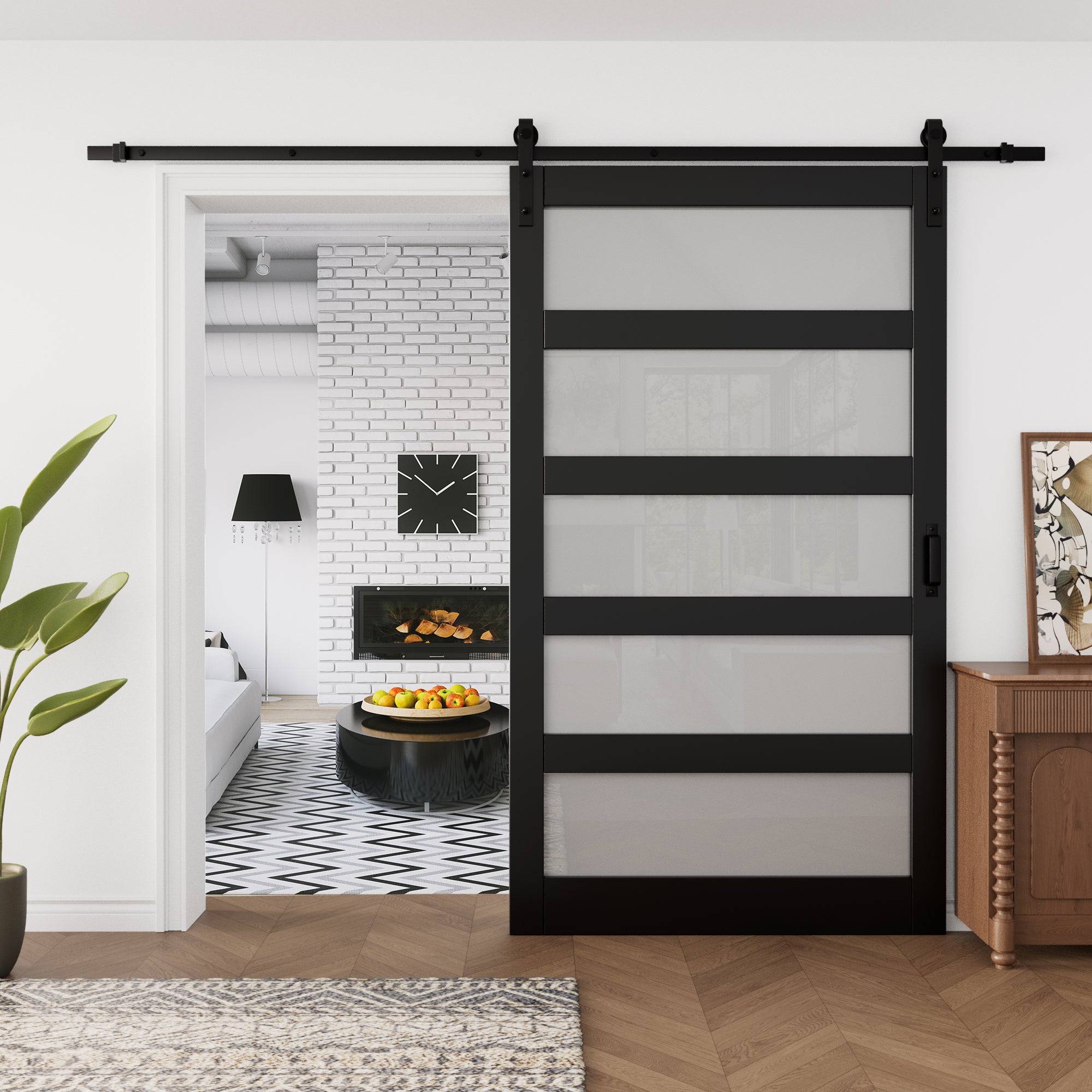 Ark Design Sliding Glass Barn Door, 5-Lite Tempered Frosted Glass, Solid Core MDF Wood & PVC Covered Finished, with Hardware Kit & Handle & Floor Guide, Black