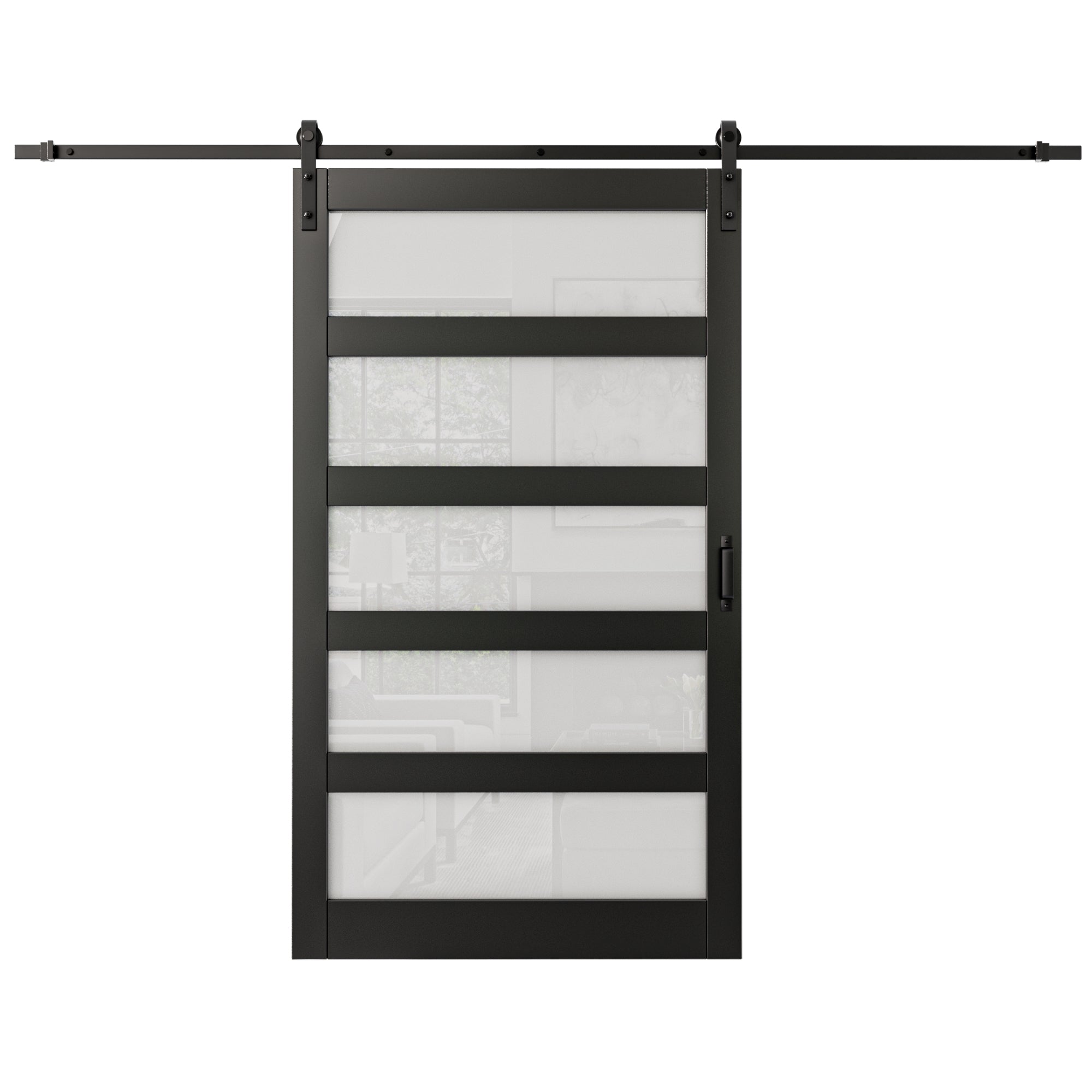Ark Design Sliding Glass Barn Door, 5-Lite Tempered Frosted Glass, Solid Core MDF Wood & PVC Covered Finished, with Hardware Kit & Handle & Floor Guide, Black
