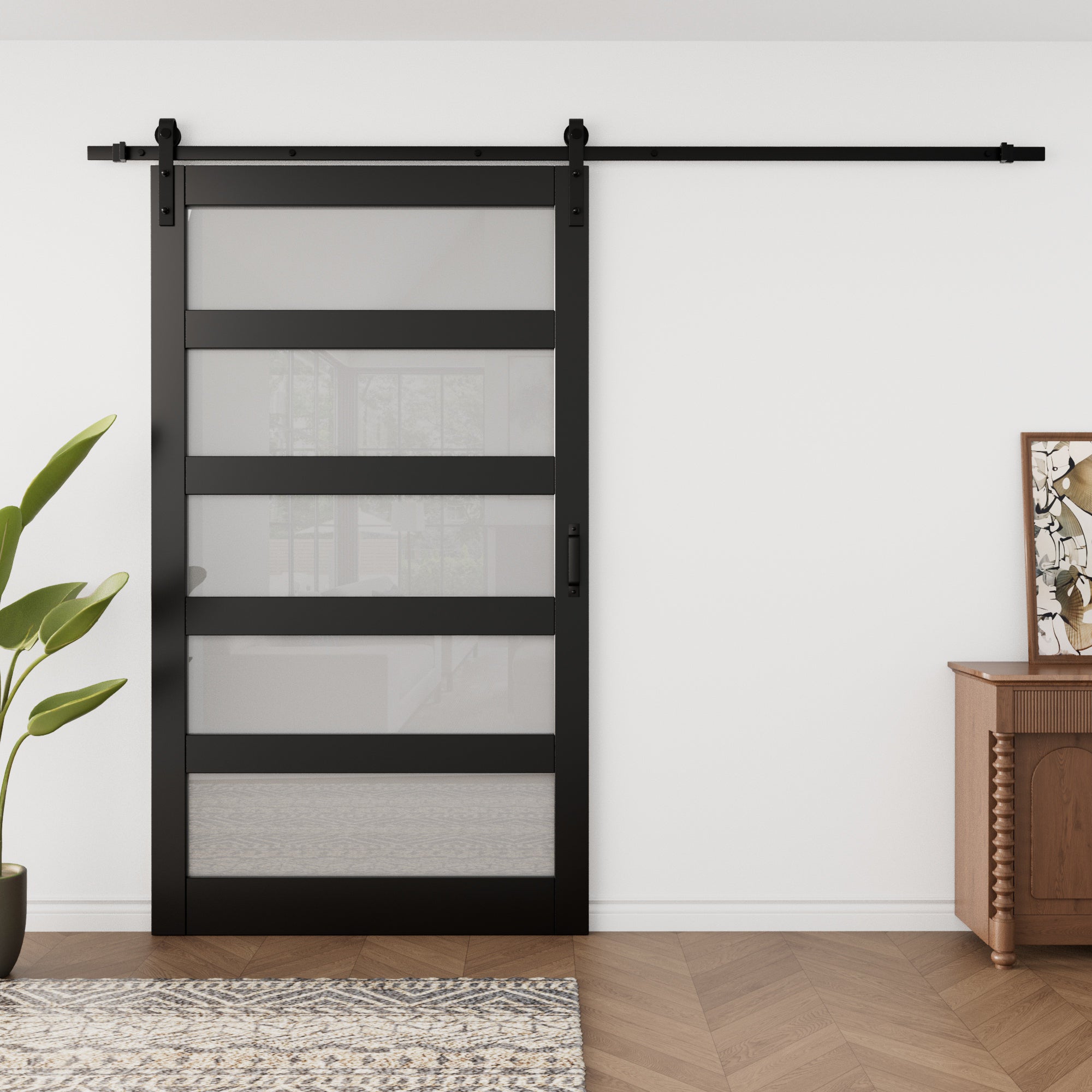 Ark Design Sliding Glass Barn Door, 5-Lite Tempered Frosted Glass, Solid Core MDF Wood & PVC Covered Finished, with Hardware Kit & Handle & Floor Guide, Black