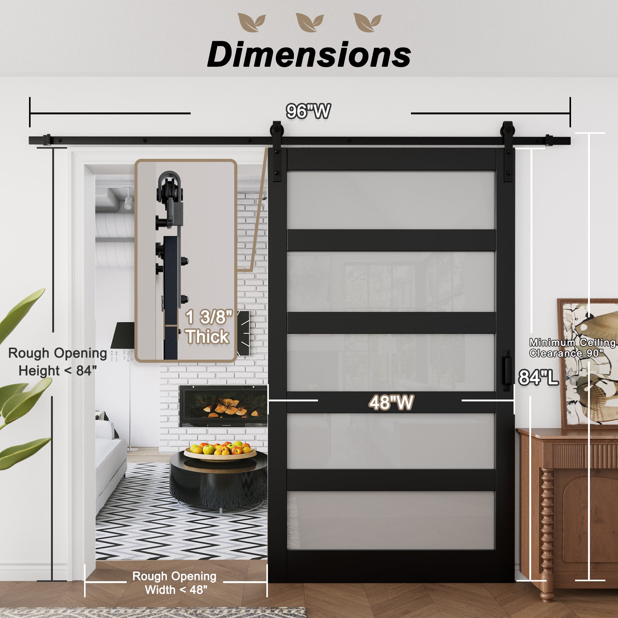 Ark Design Sliding Glass Barn Door, 5-Lite Tempered Frosted Glass, Solid Core MDF Wood & PVC Covered Finished, with Hardware Kit & Handle & Floor Guide, Black