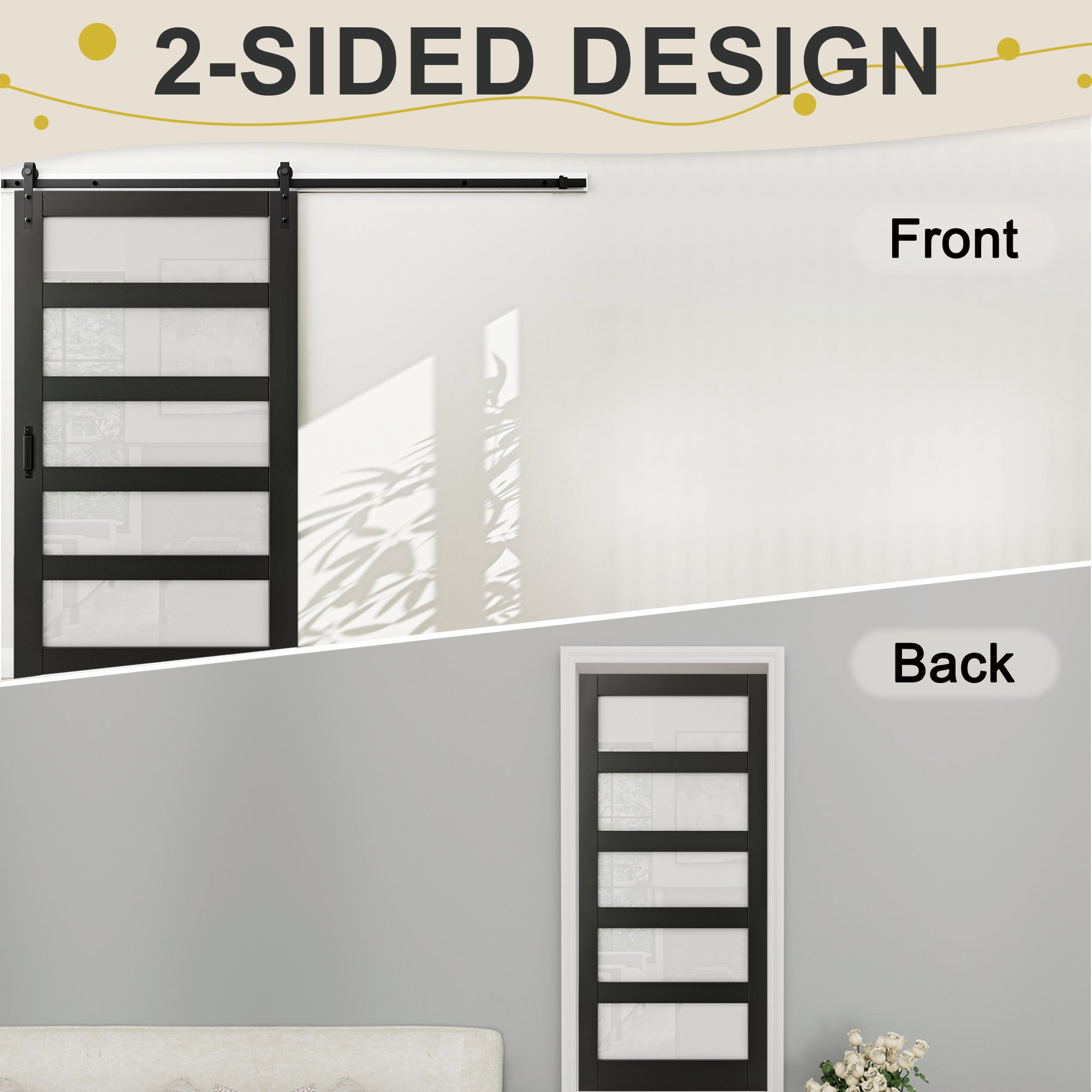 Ark Design Sliding Glass Barn Door, 5-Lite Tempered Frosted Glass, Solid Core MDF Wood & PVC Covered Finished, with Hardware Kit & Handle & Floor Guide, Black