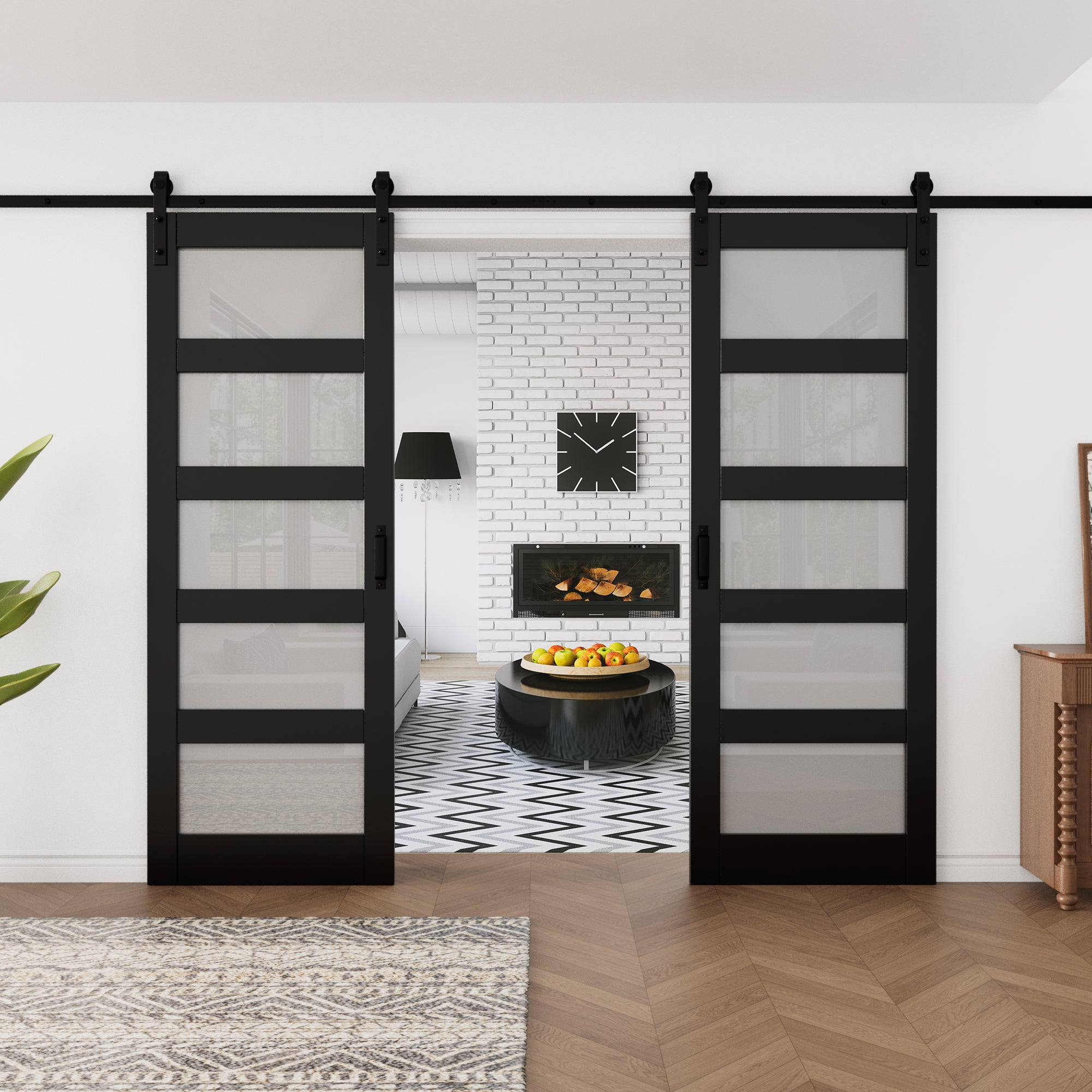 Ark Design Sliding Glass Barn Door, 5-Lite Tempered Frosted Glass, Solid Core MDF Wood & PVC Covered Finished, with Hardware Kit & Handle & Floor Guide, Black