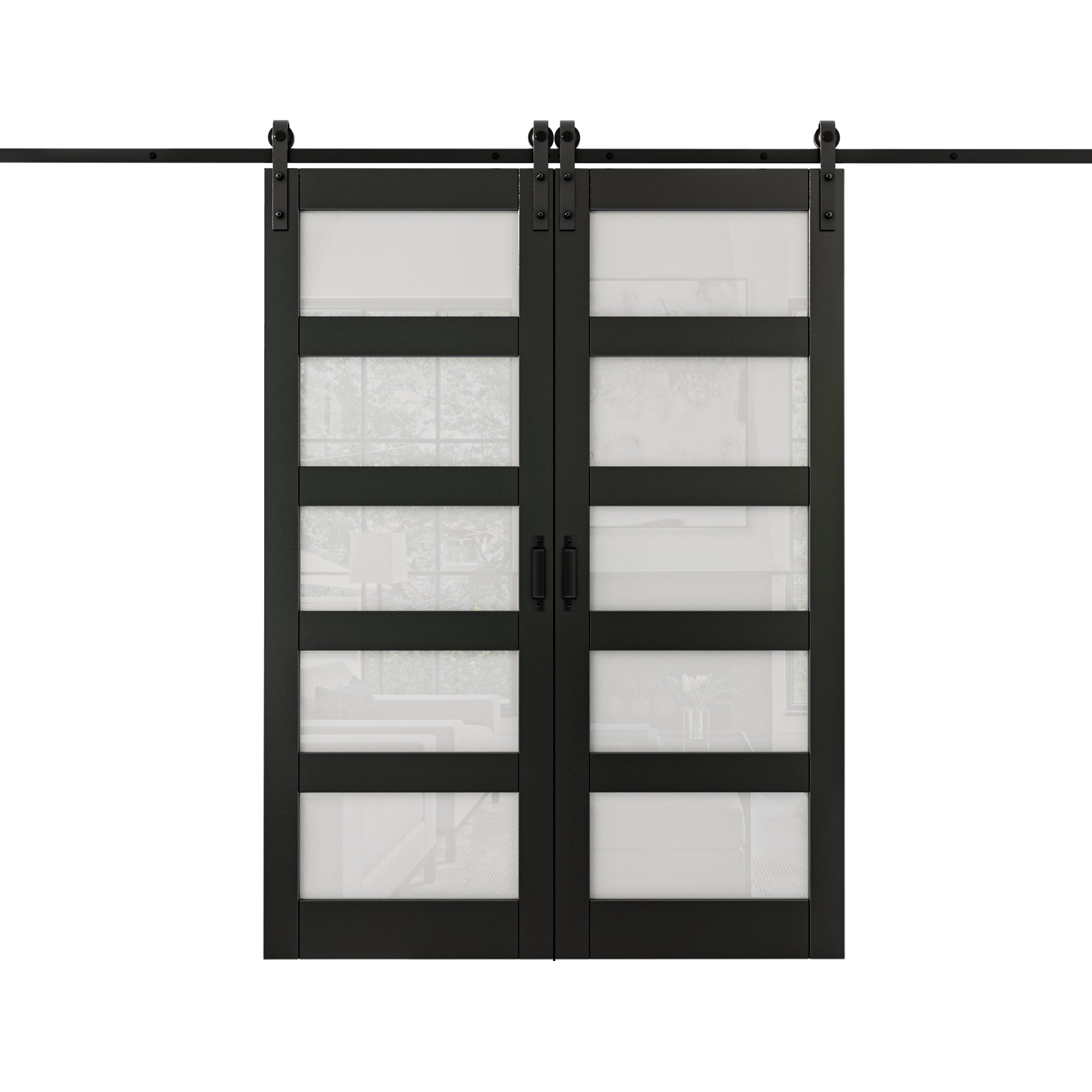 Ark Design Sliding Glass Barn Door, 5-Lite Tempered Frosted Glass, Solid Core MDF Wood & PVC Covered Finished, with Hardware Kit & Handle & Floor Guide, Black