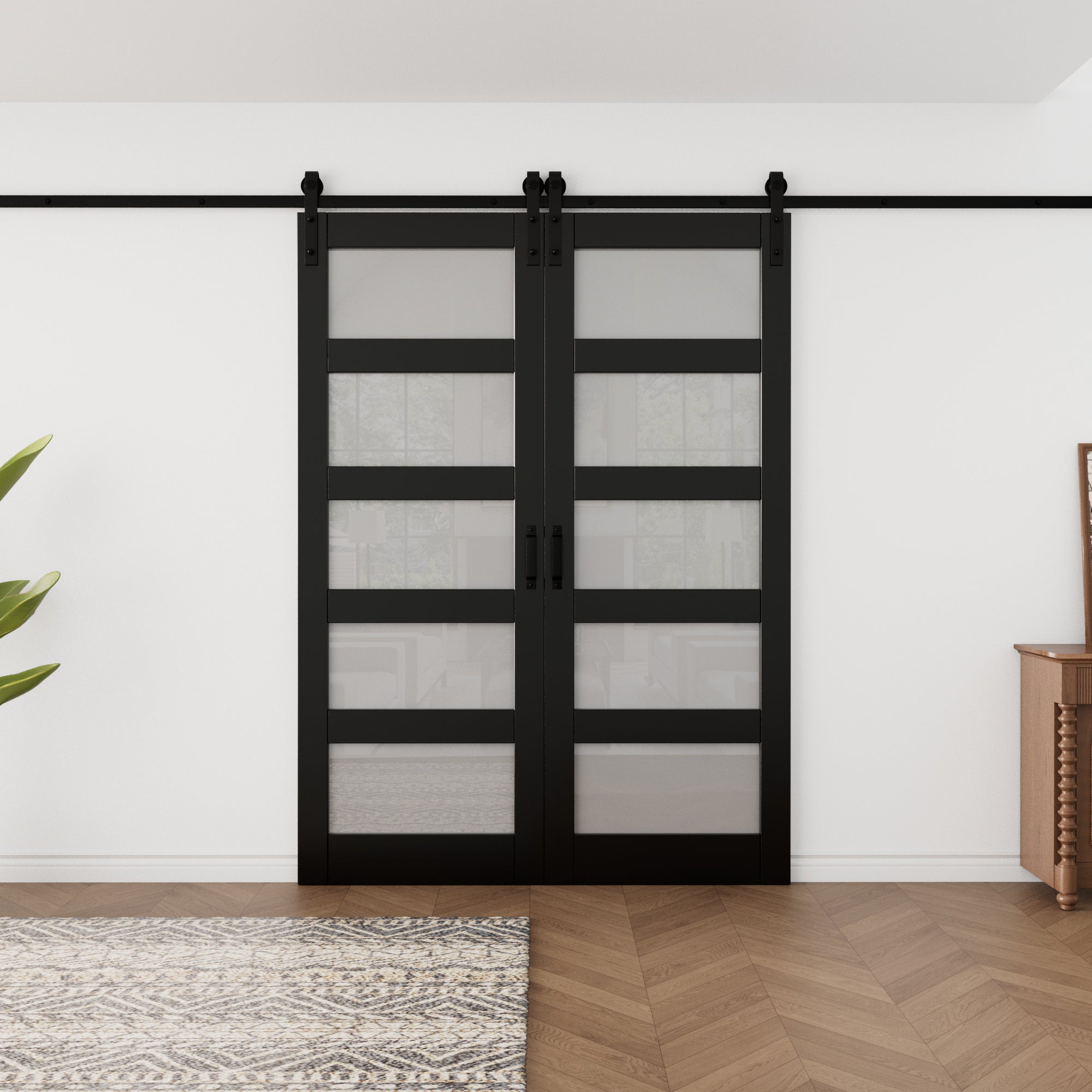 Ark Design Sliding Glass Barn Door, 5-Lite Tempered Frosted Glass, Solid Core MDF Wood & PVC Covered Finished, with Hardware Kit & Handle & Floor Guide, Black