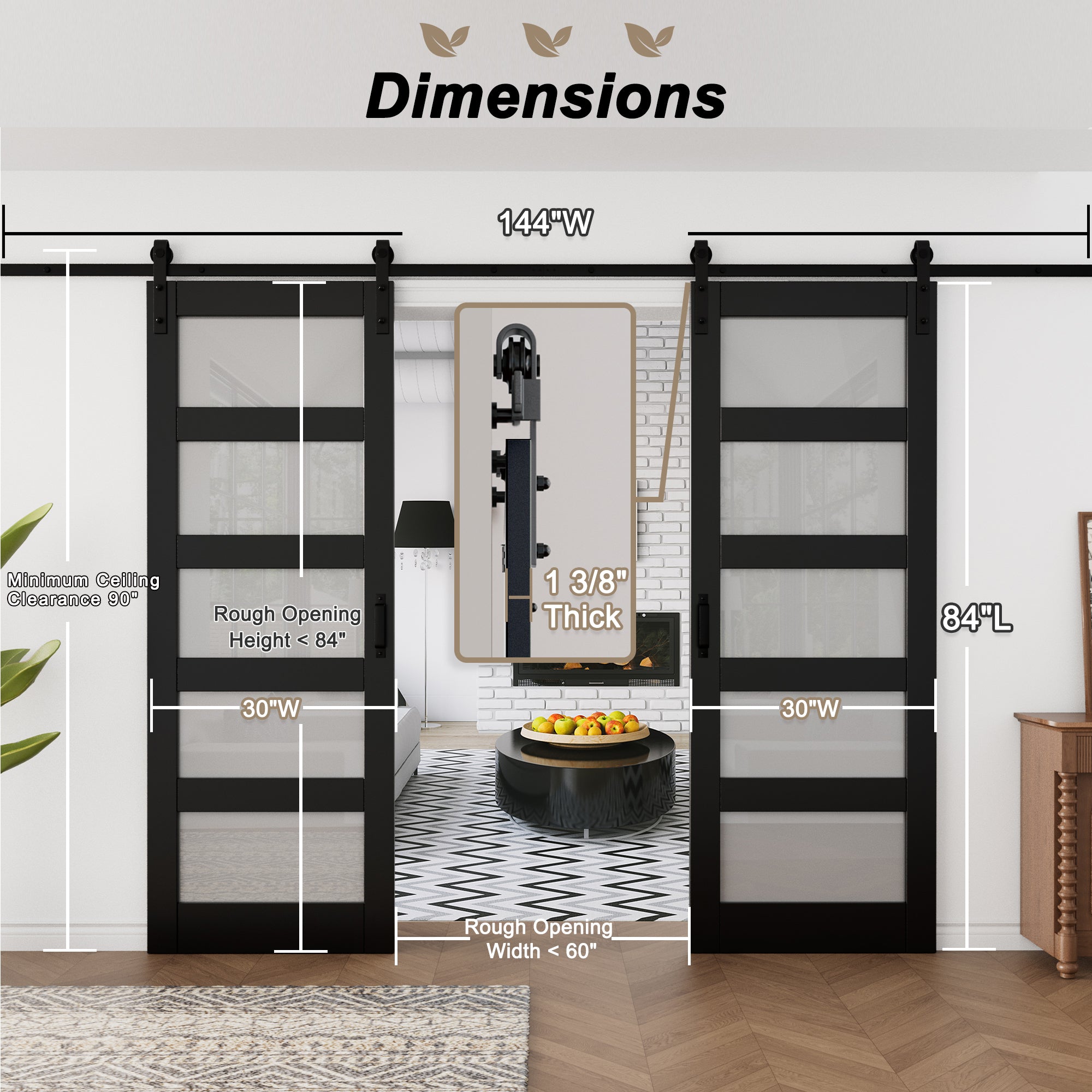 Ark Design Sliding Glass Barn Door, 5-Lite Tempered Frosted Glass, Solid Core MDF Wood & PVC Covered Finished, with Hardware Kit & Handle & Floor Guide, Black