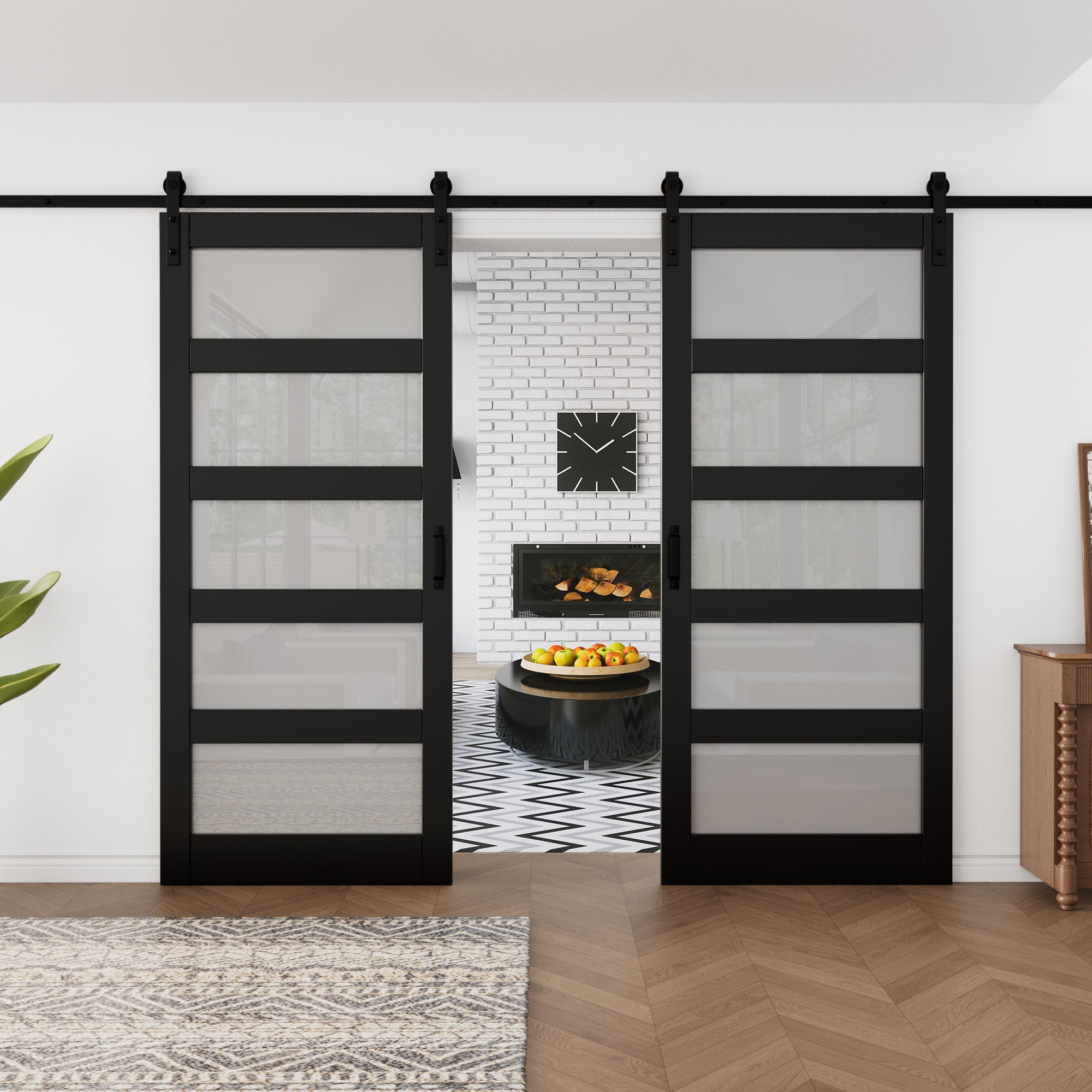 Ark Design Sliding Glass Barn Door, 5-Lite Tempered Frosted Glass, Solid Core MDF Wood & PVC Covered Finished, with Hardware Kit & Handle & Floor Guide, Black