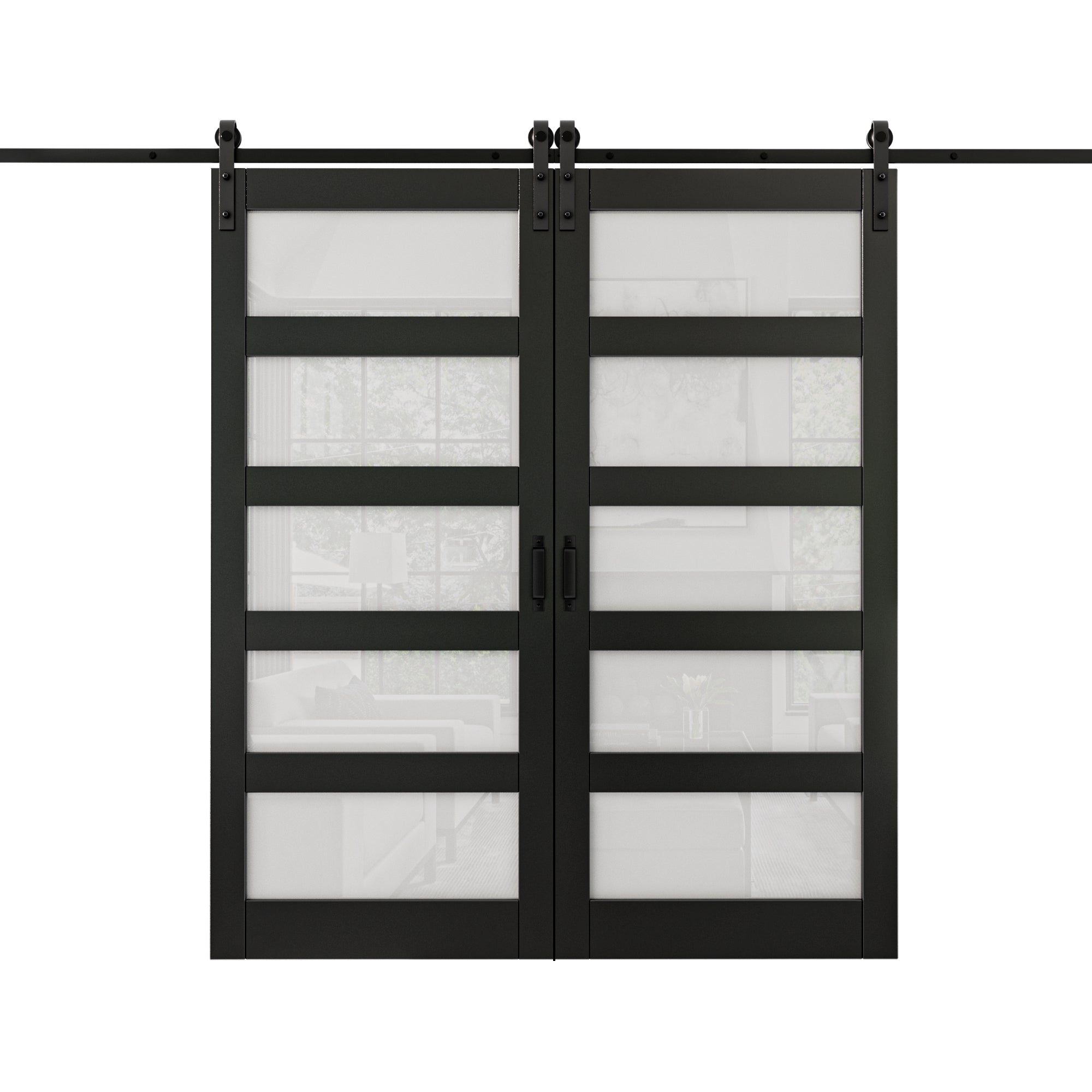 Ark Design Sliding Glass Barn Door, 5-Lite Tempered Frosted Glass, Solid Core MDF Wood & PVC Covered Finished, with Hardware Kit & Handle & Floor Guide, Black