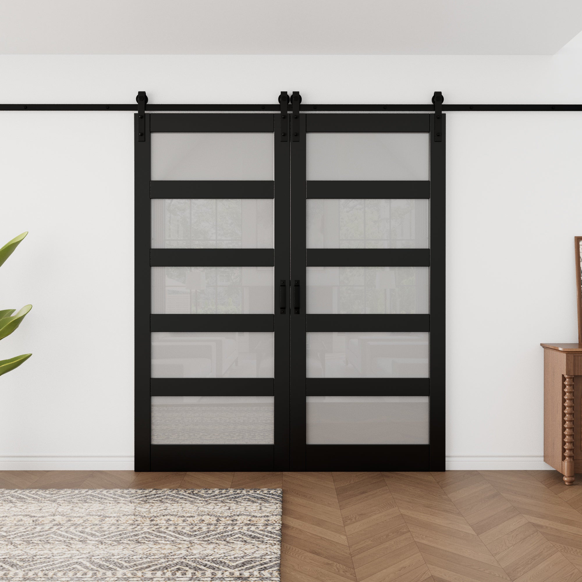 Ark Design Sliding Glass Barn Door, 5-Lite Tempered Frosted Glass, Solid Core MDF Wood & PVC Covered Finished, with Hardware Kit & Handle & Floor Guide, Black