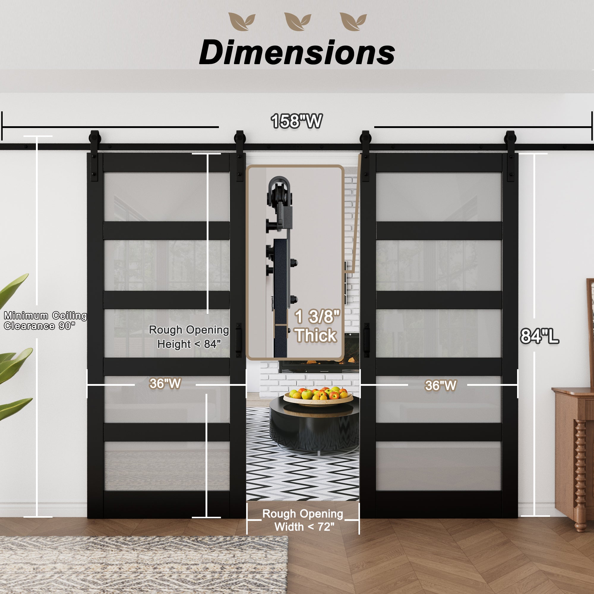 Ark Design Sliding Glass Barn Door, 5-Lite Tempered Frosted Glass, Solid Core MDF Wood & PVC Covered Finished, with Hardware Kit & Handle & Floor Guide, Black