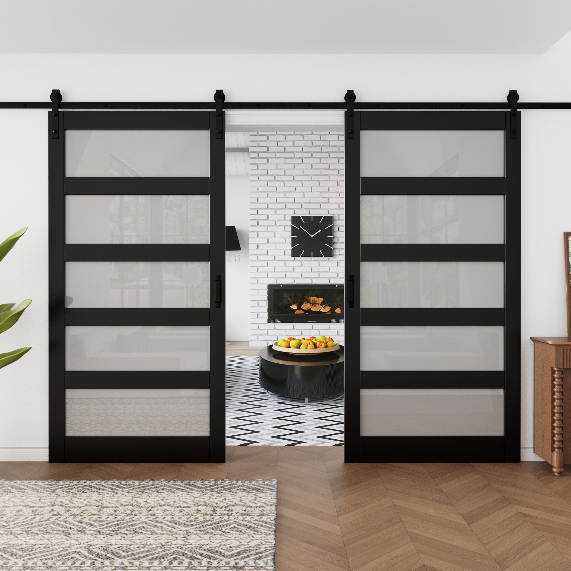 Ark Design Sliding Glass Barn Door, 5-Lite Tempered Frosted Glass, Solid Core MDF Wood & PVC Covered Finished, with Hardware Kit & Handle & Floor Guide, Black
