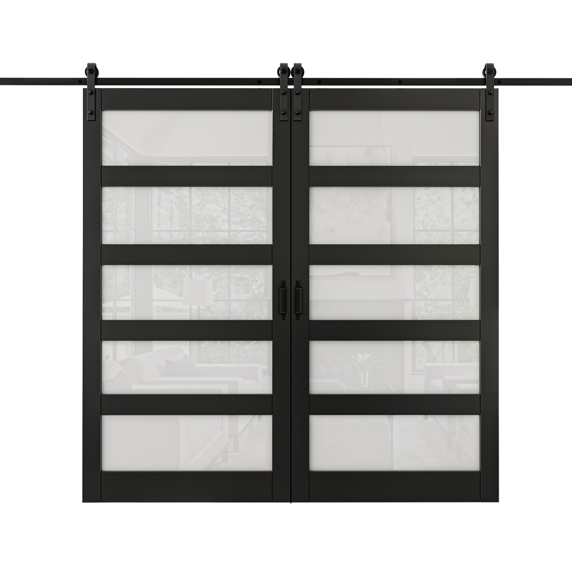Ark Design Sliding Glass Barn Door, 5-Lite Tempered Frosted Glass, Solid Core MDF Wood & PVC Covered Finished, with Hardware Kit & Handle & Floor Guide, Black
