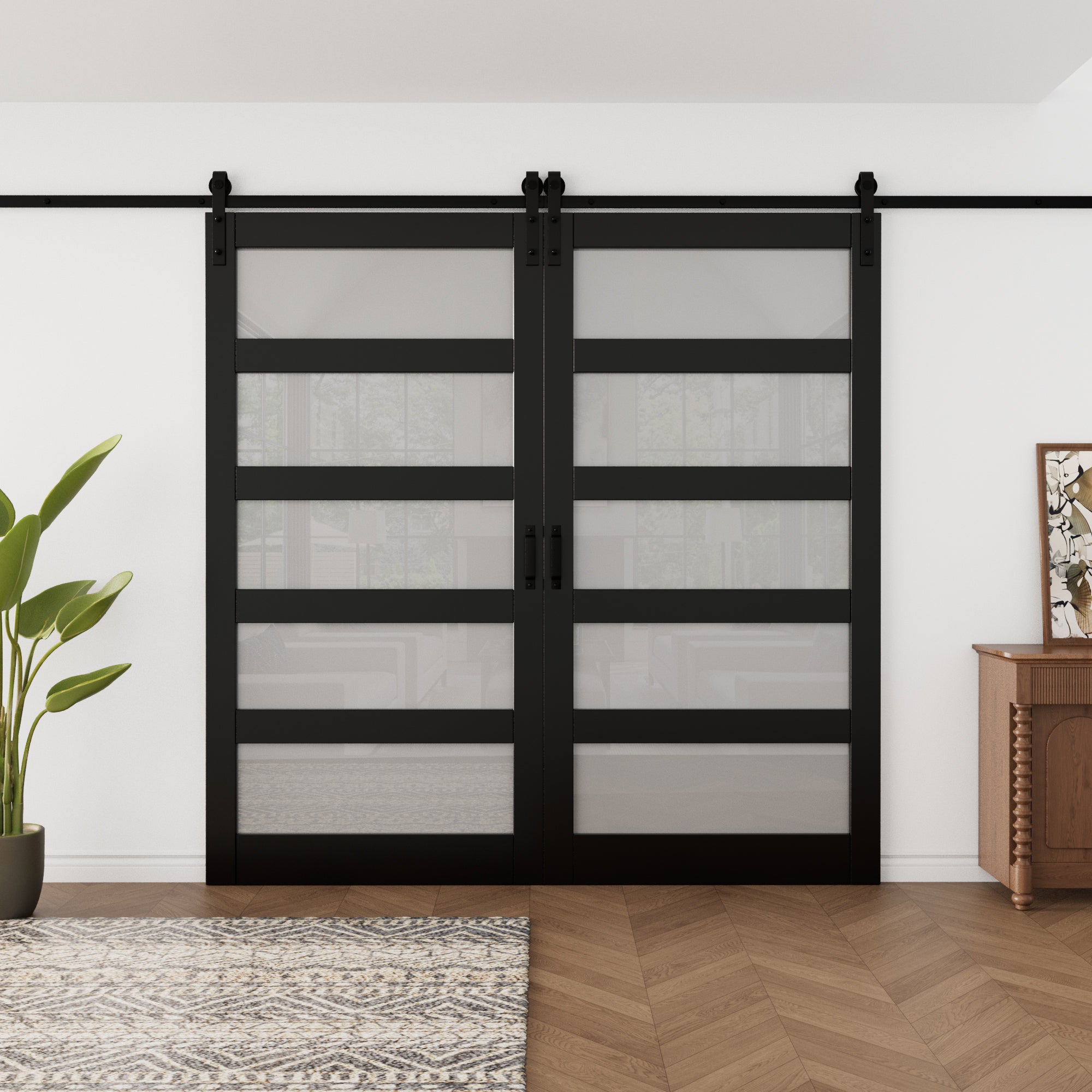 Ark Design Sliding Glass Barn Door, 5-Lite Tempered Frosted Glass, Solid Core MDF Wood & PVC Covered Finished, with Hardware Kit & Handle & Floor Guide, Black