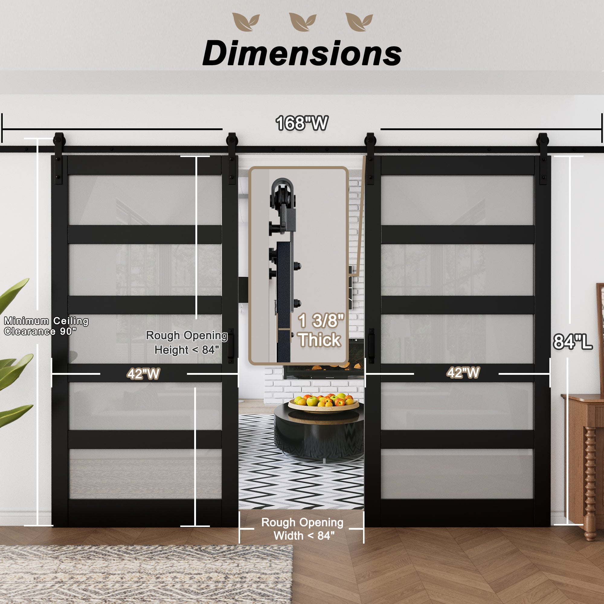 Ark Design Sliding Glass Barn Door, 5-Lite Tempered Frosted Glass, Solid Core MDF Wood & PVC Covered Finished, with Hardware Kit & Handle & Floor Guide, Black