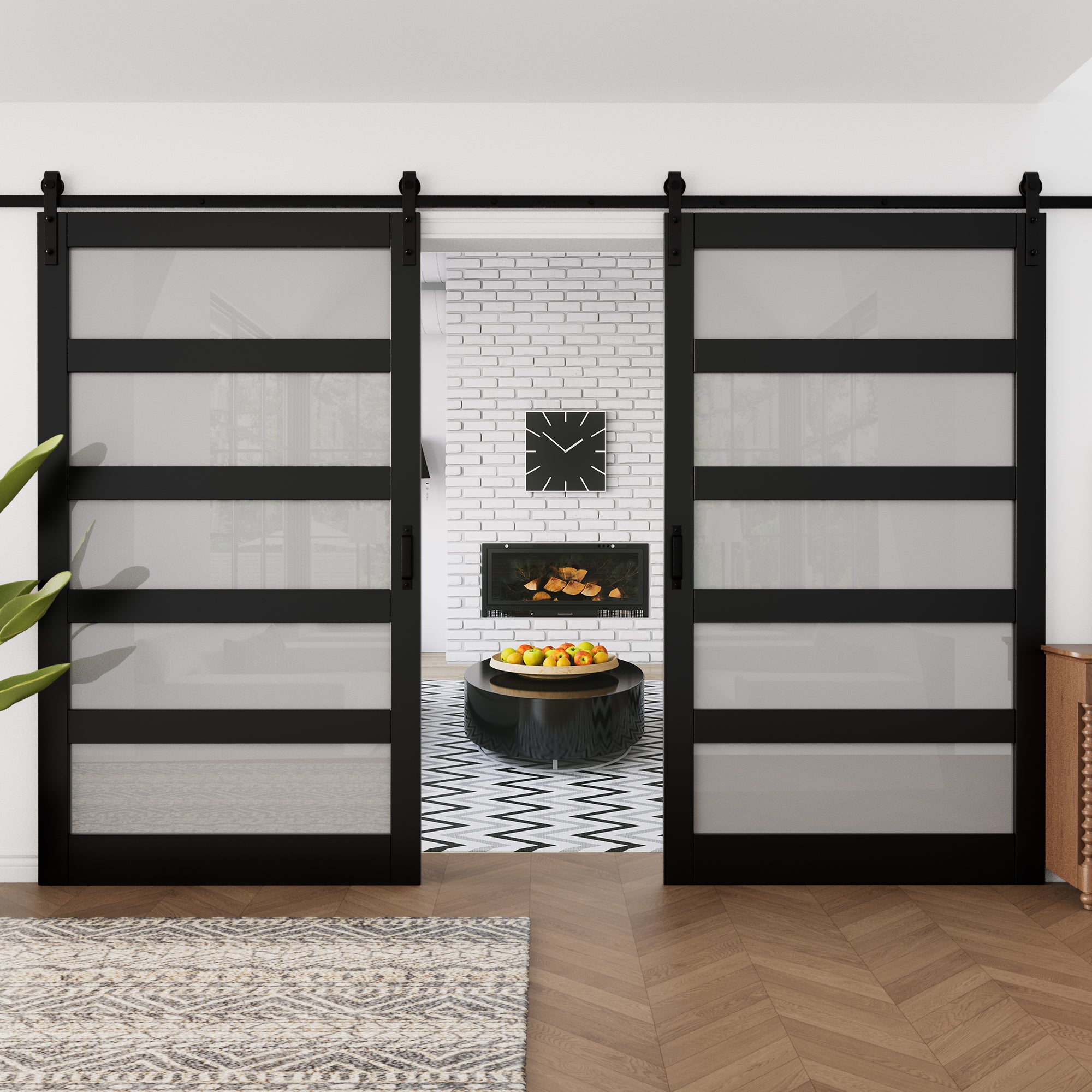 Ark Design Sliding Glass Barn Door, 5-Lite Tempered Frosted Glass, Solid Core MDF Wood & PVC Covered Finished, with Hardware Kit & Handle & Floor Guide, Black