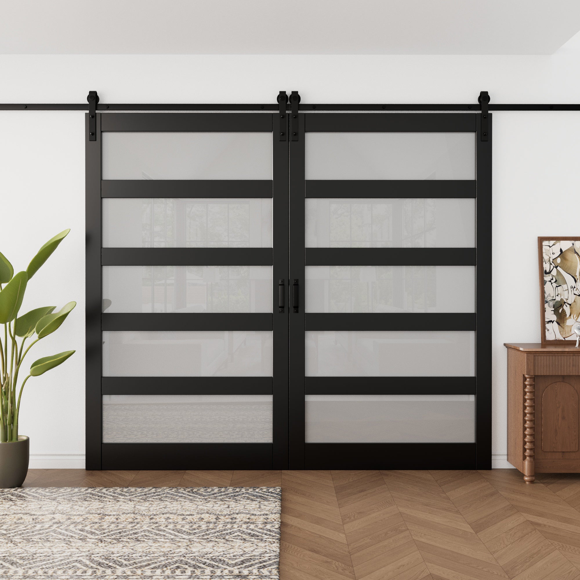 Ark Design Sliding Glass Barn Door, 5-Lite Tempered Frosted Glass, Solid Core MDF Wood & PVC Covered Finished, with Hardware Kit & Handle & Floor Guide, Black