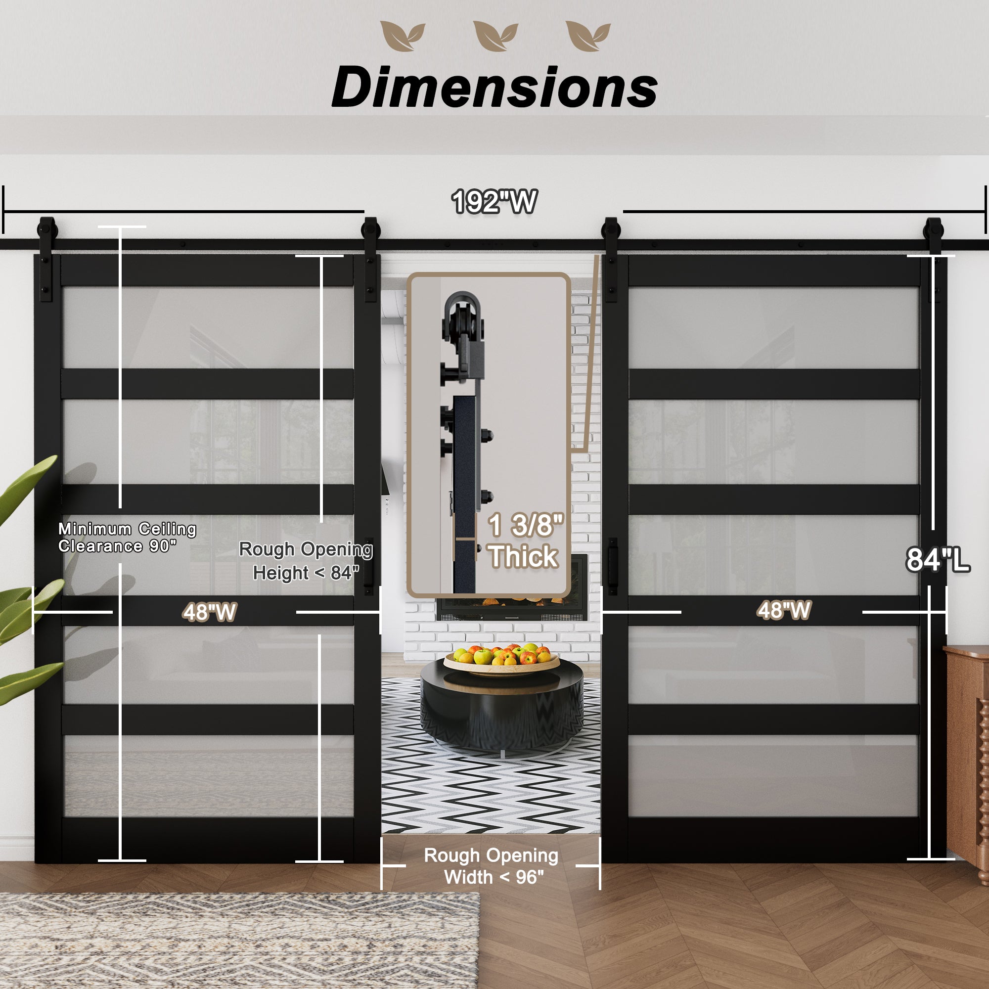 Ark Design Sliding Glass Barn Door, 5-Lite Tempered Frosted Glass, Solid Core MDF Wood & PVC Covered Finished, with Hardware Kit & Handle & Floor Guide, Black