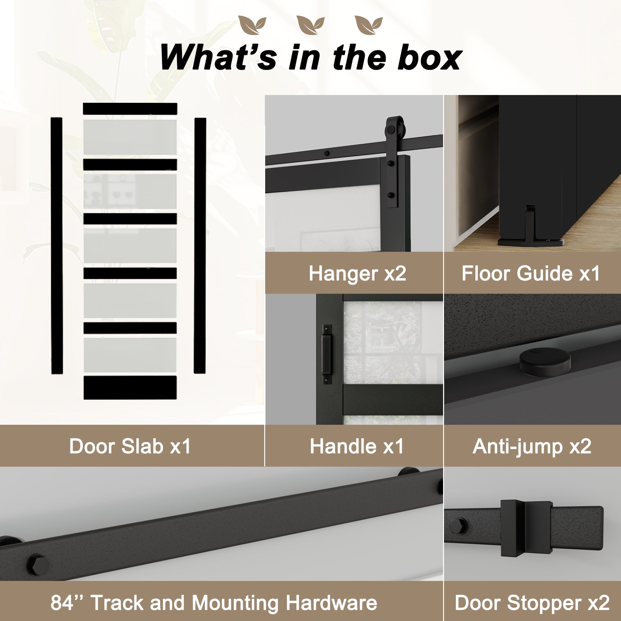 Ark Design Sliding Glass Barn Door, 5-Lite Tempered Frosted Glass, Solid Core MDF Wood & PVC Covered Finished, with Hardware Kit & Handle & Floor Guide, Black