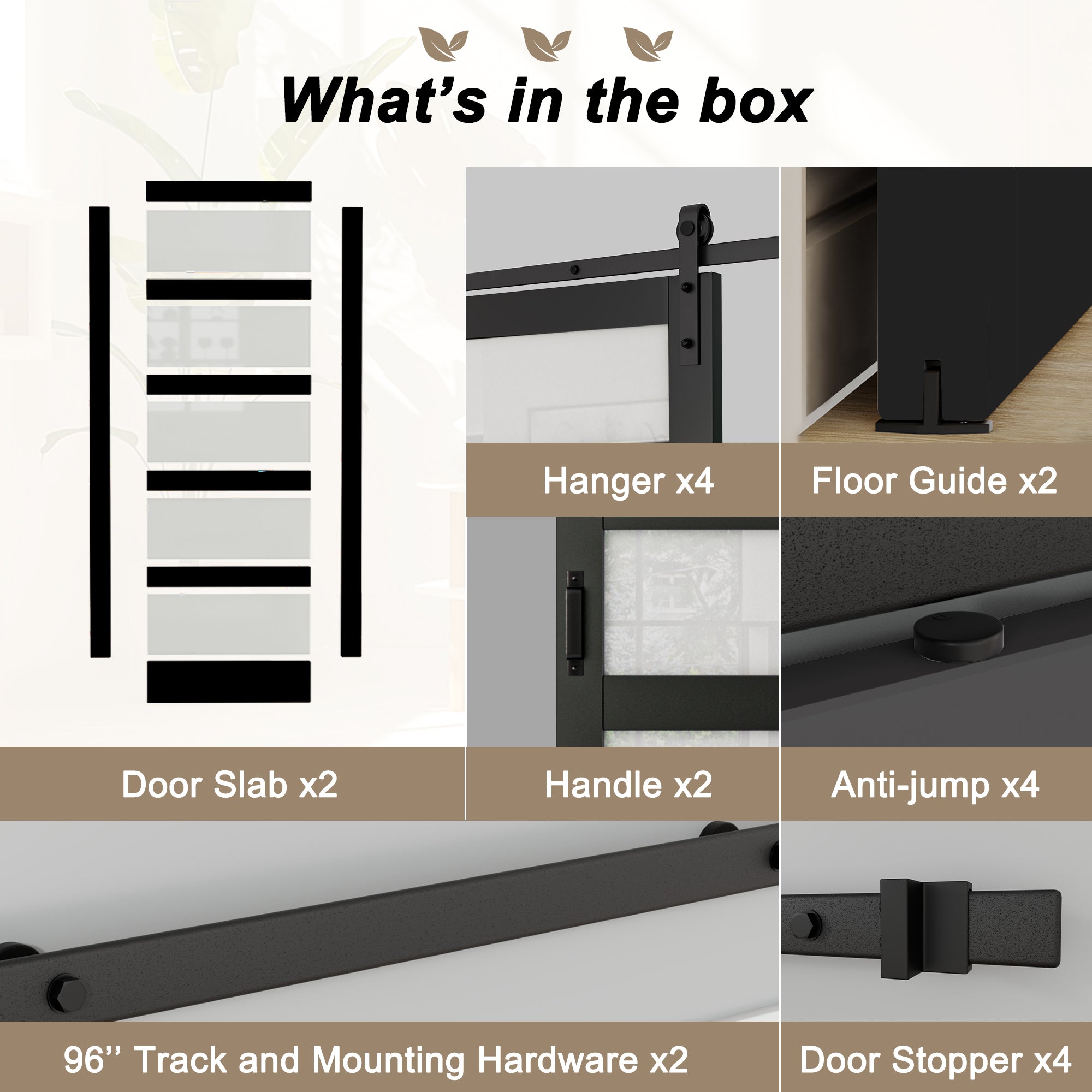 Ark Design Sliding Glass Barn Door, 5-Lite Tempered Frosted Glass, Solid Core MDF Wood & PVC Covered Finished, with Hardware Kit & Handle & Floor Guide, Black