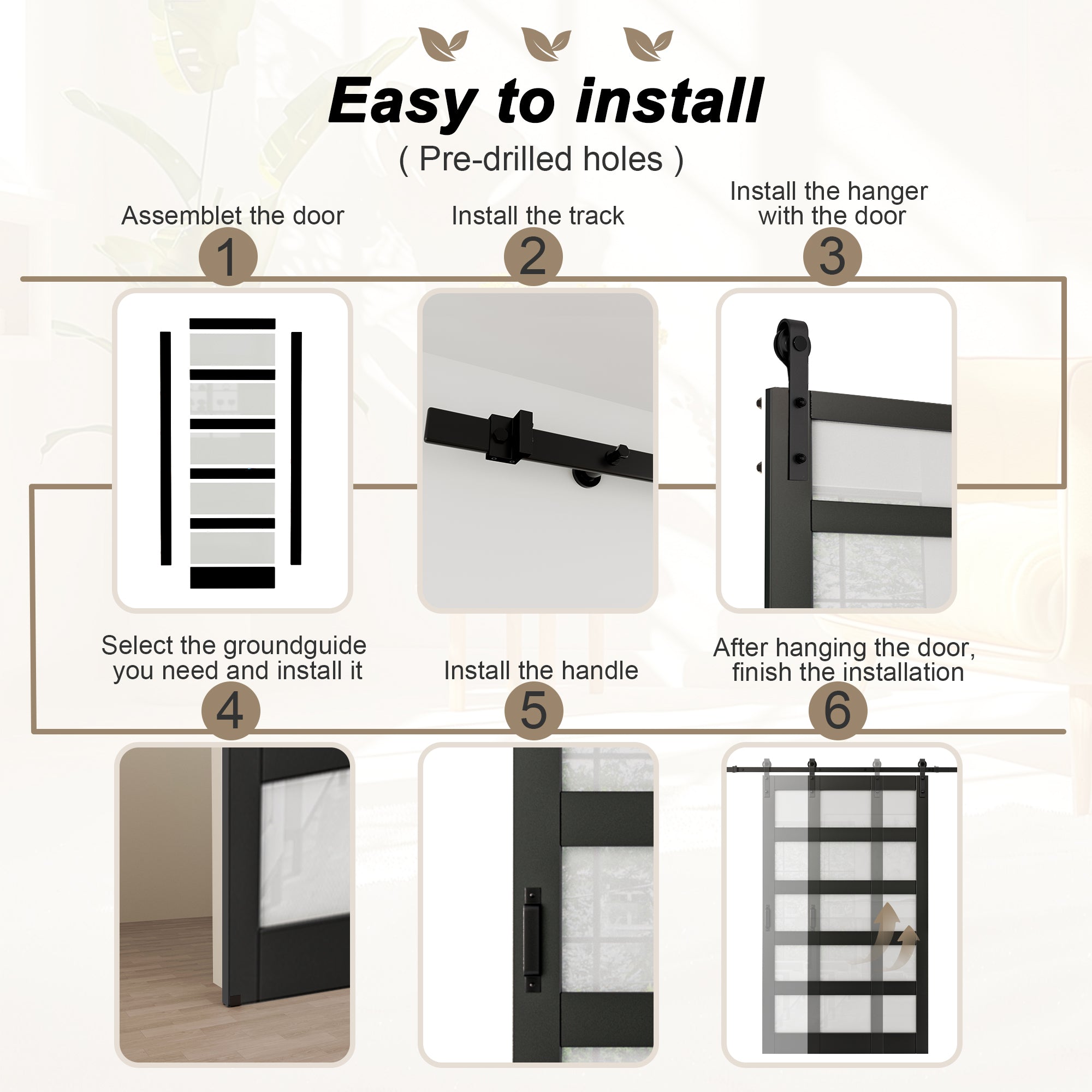 Ark Design Sliding Glass Barn Door, 5-Lite Tempered Frosted Glass, Solid Core MDF Wood & PVC Covered Finished, with Hardware Kit & Handle & Floor Guide, Black
