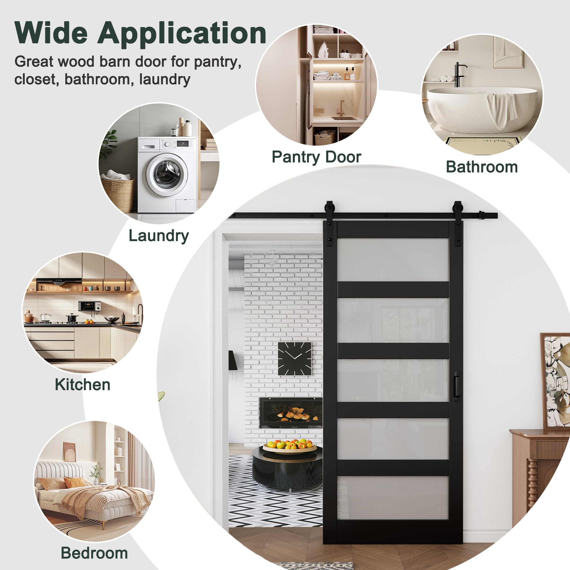 Ark Design Sliding Glass Barn Door, 5-Lite Tempered Frosted Glass, Solid Core MDF Wood & PVC Covered Finished, with Hardware Kit & Handle & Floor Guide, Black