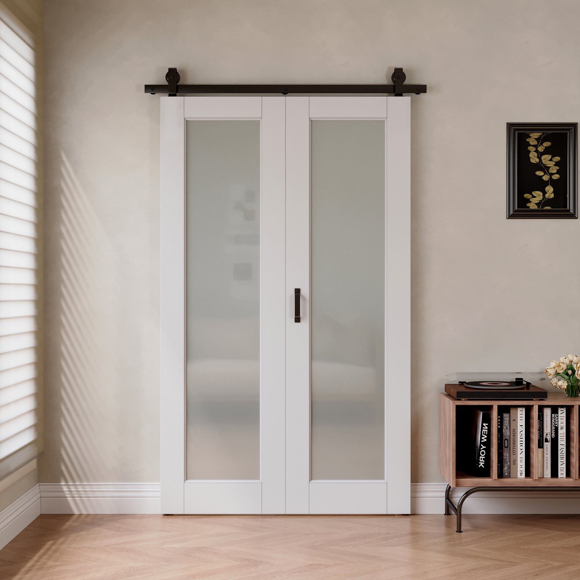 [Paintable] Tempered Frosted Glass Bifold Sliding Barn Door, Prefinished & Paintable Surface with Hardware Kit
