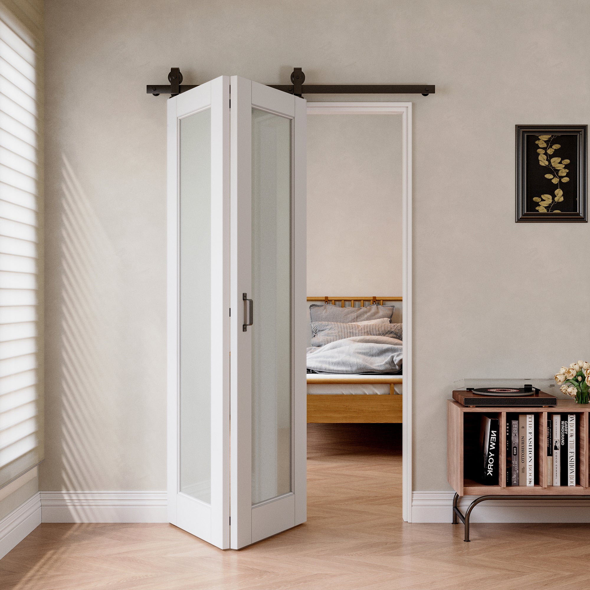 [Paintable] Tempered Frosted Glass Bifold Sliding Barn Door, Prefinished & Paintable Surface with Hardware Kit