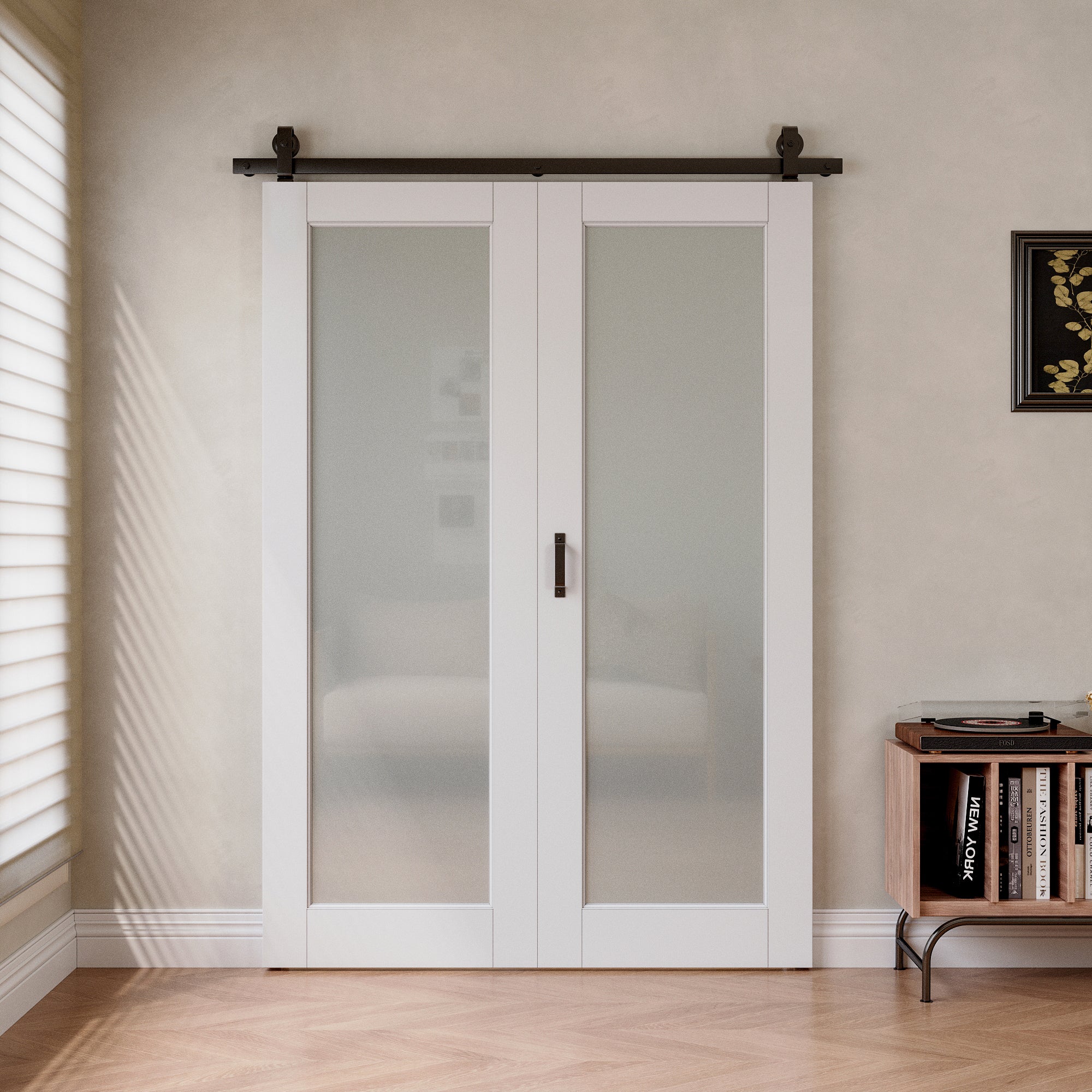 [Paintable] Tempered Frosted Glass Bifold Sliding Barn Door, Prefinished & Paintable Surface with Hardware Kit