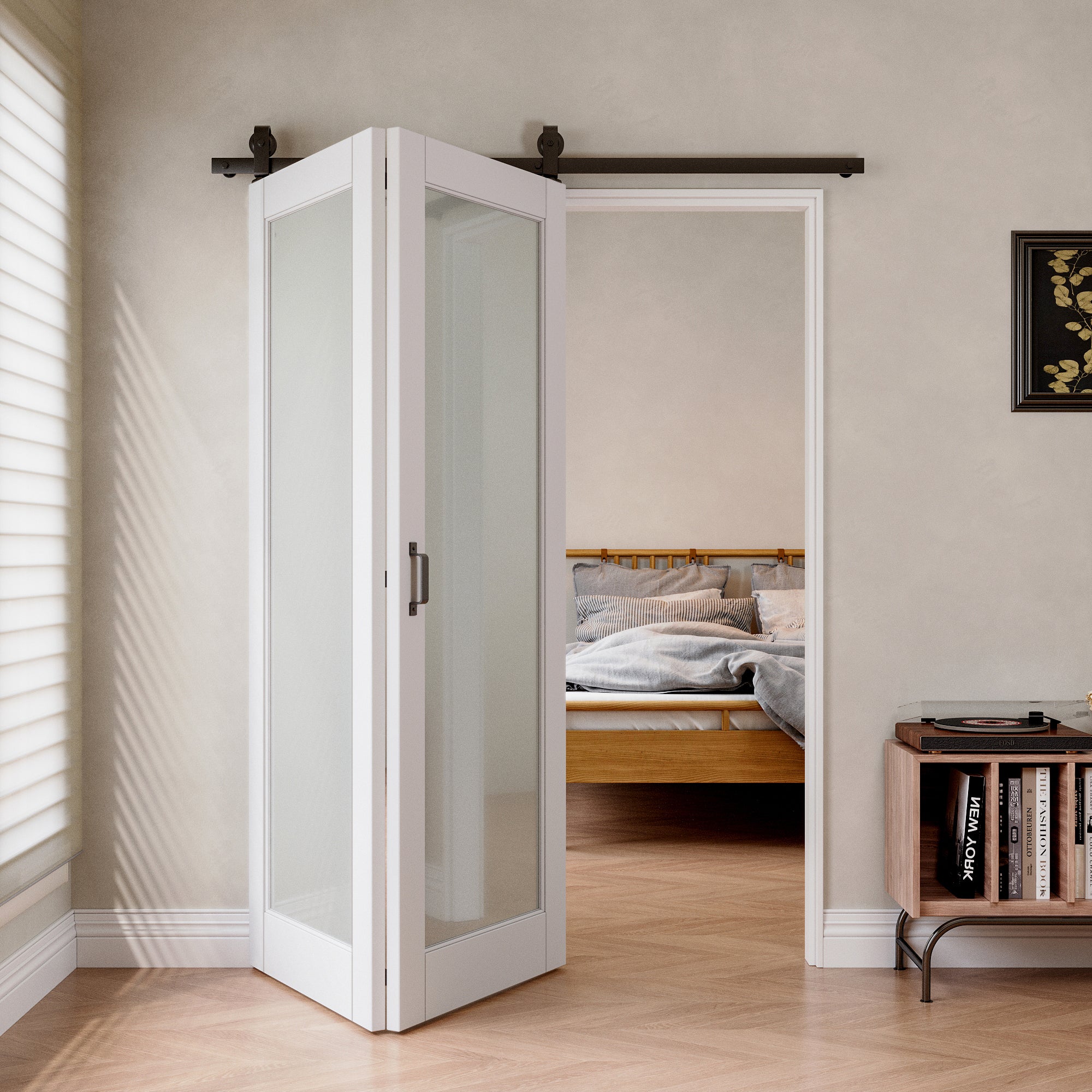 [Paintable] Tempered Frosted Glass Bifold Sliding Barn Door, Prefinished & Paintable Surface with Hardware Kit