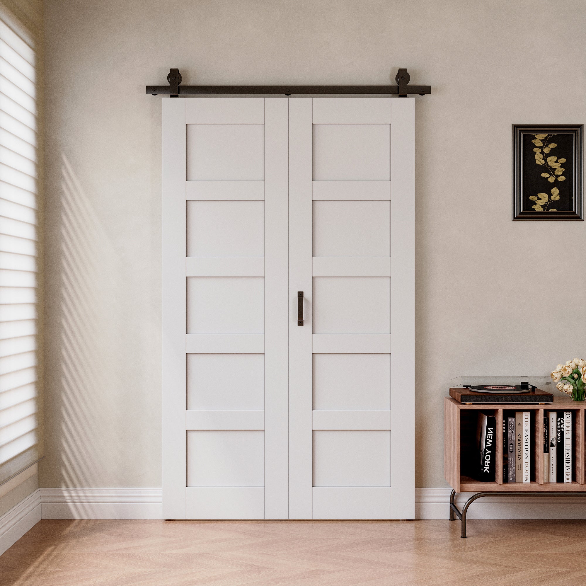 [Paintable] 5-Lite Bifold Barn Door MDF Wood , Prefinished & Paintable Surface, with Hardware Kit & Handle & Floor Guide, White