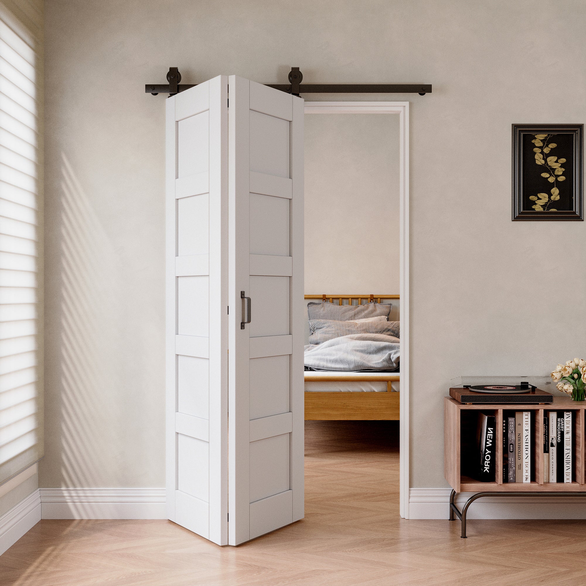 [Paintable] 5-Lite Bifold Barn Door MDF Wood , Prefinished & Paintable Surface, with Hardware Kit & Handle & Floor Guide, White
