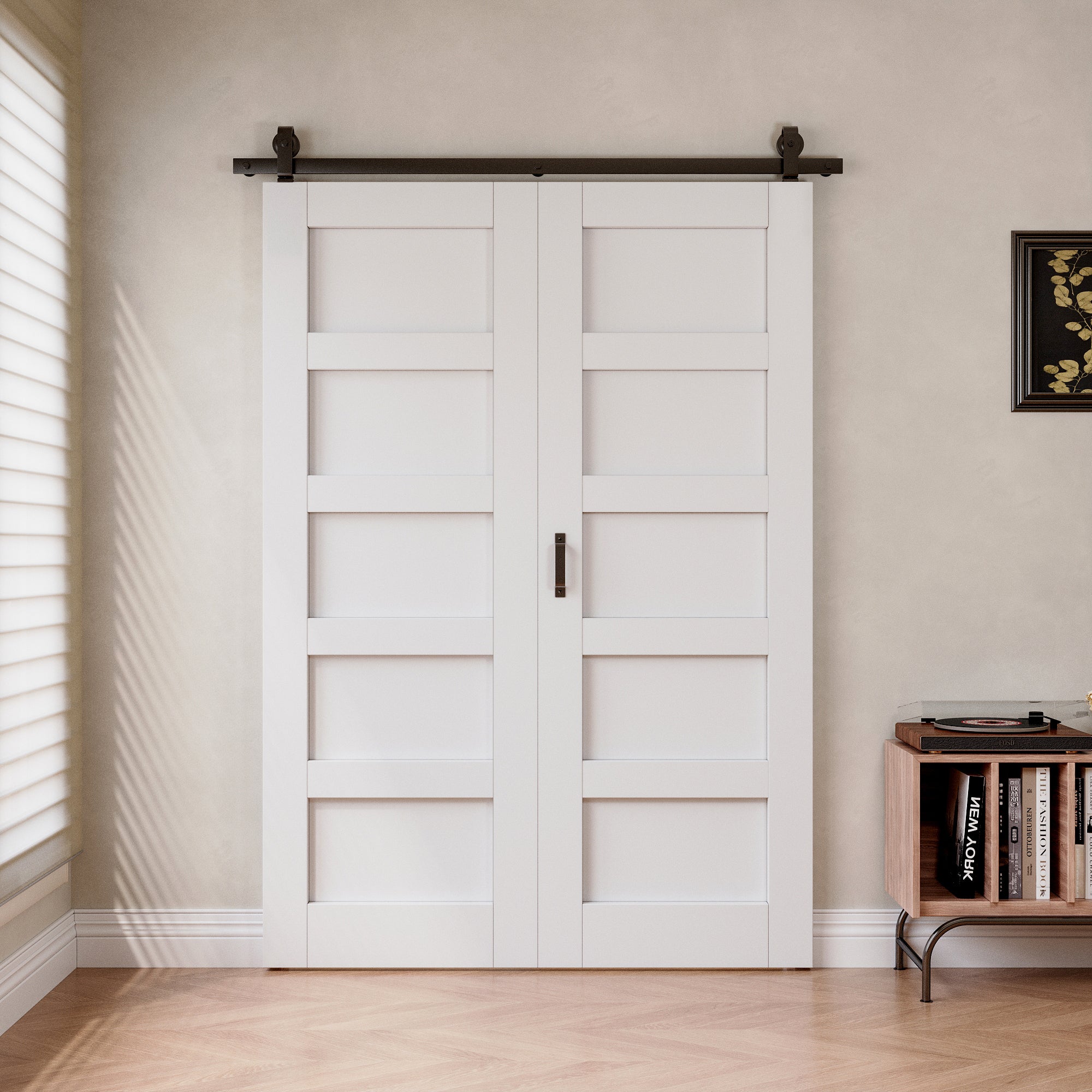 [Paintable] 5-Lite Bifold Barn Door MDF Wood , Prefinished & Paintable Surface, with Hardware Kit & Handle & Floor Guide, White