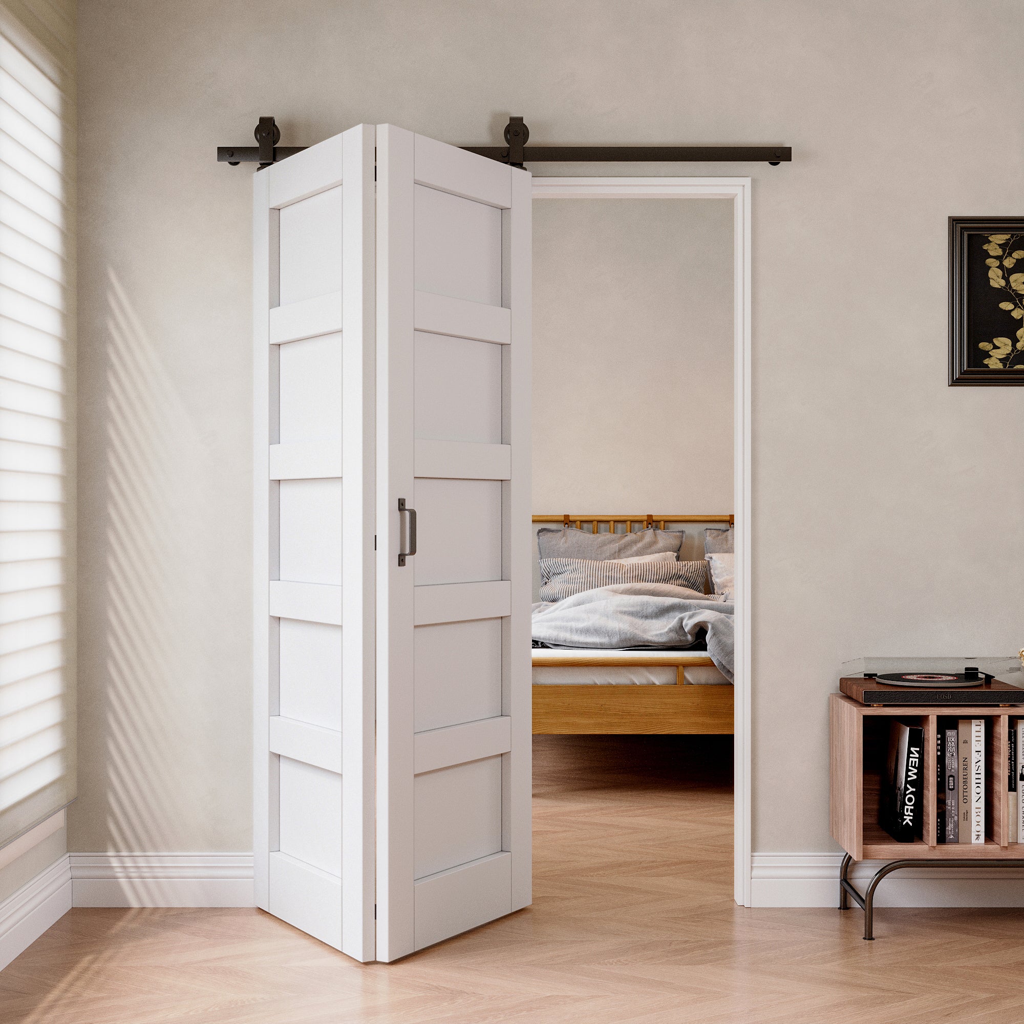 [Paintable] 5-Lite Bifold Barn Door MDF Wood , Prefinished & Paintable Surface, with Hardware Kit & Handle & Floor Guide, White