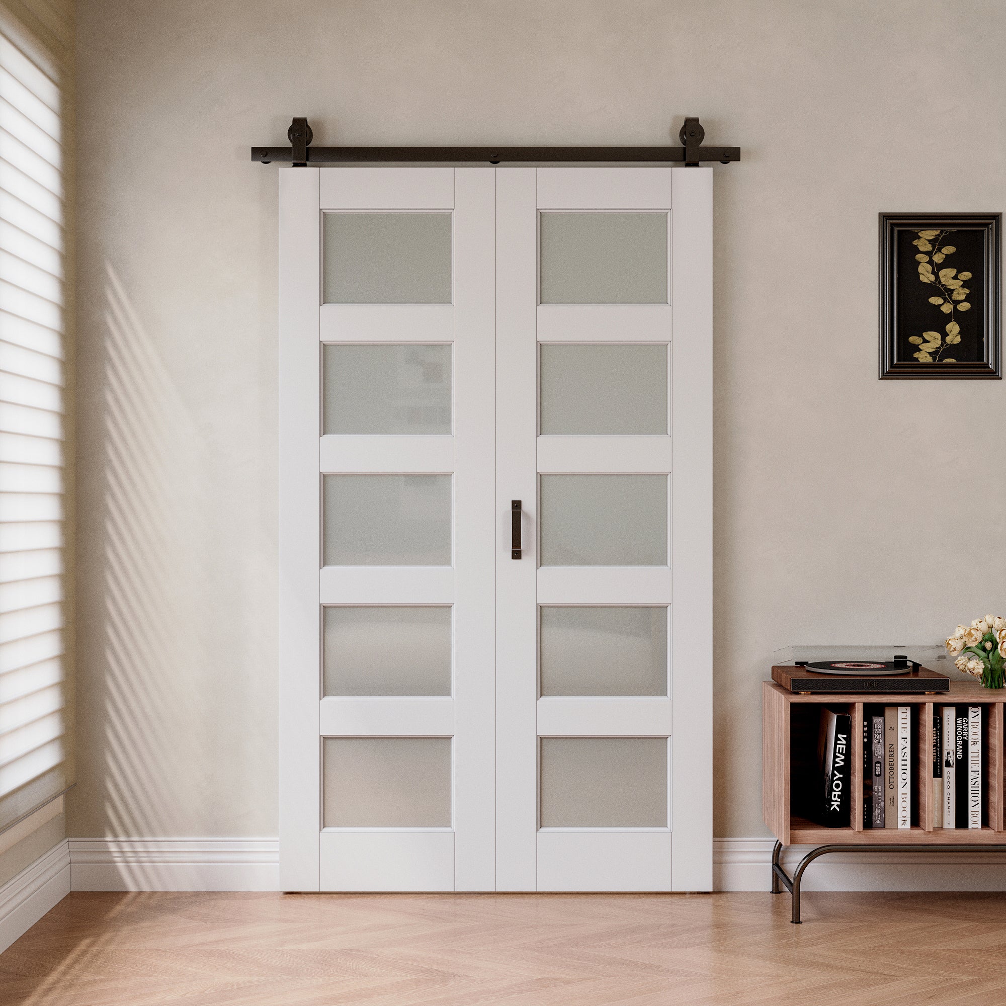 [Paintable] 5-Lite Tempered Frosted Glass Bifold Sliding Barn Door, Prefinished & Paintable Surface,with Hardware Kit
