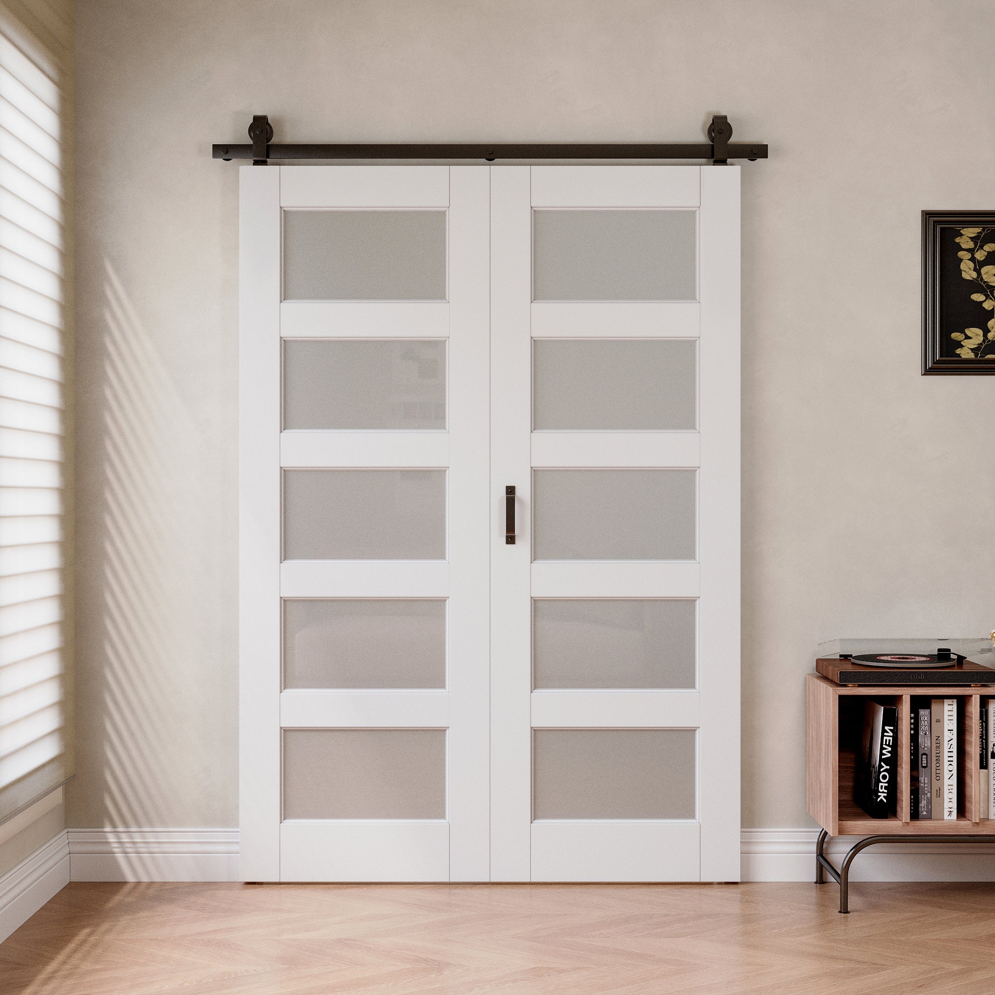 [Paintable] 5-Lite Tempered Frosted Glass Bifold Sliding Barn Door, Prefinished & Paintable Surface,with Hardware Kit