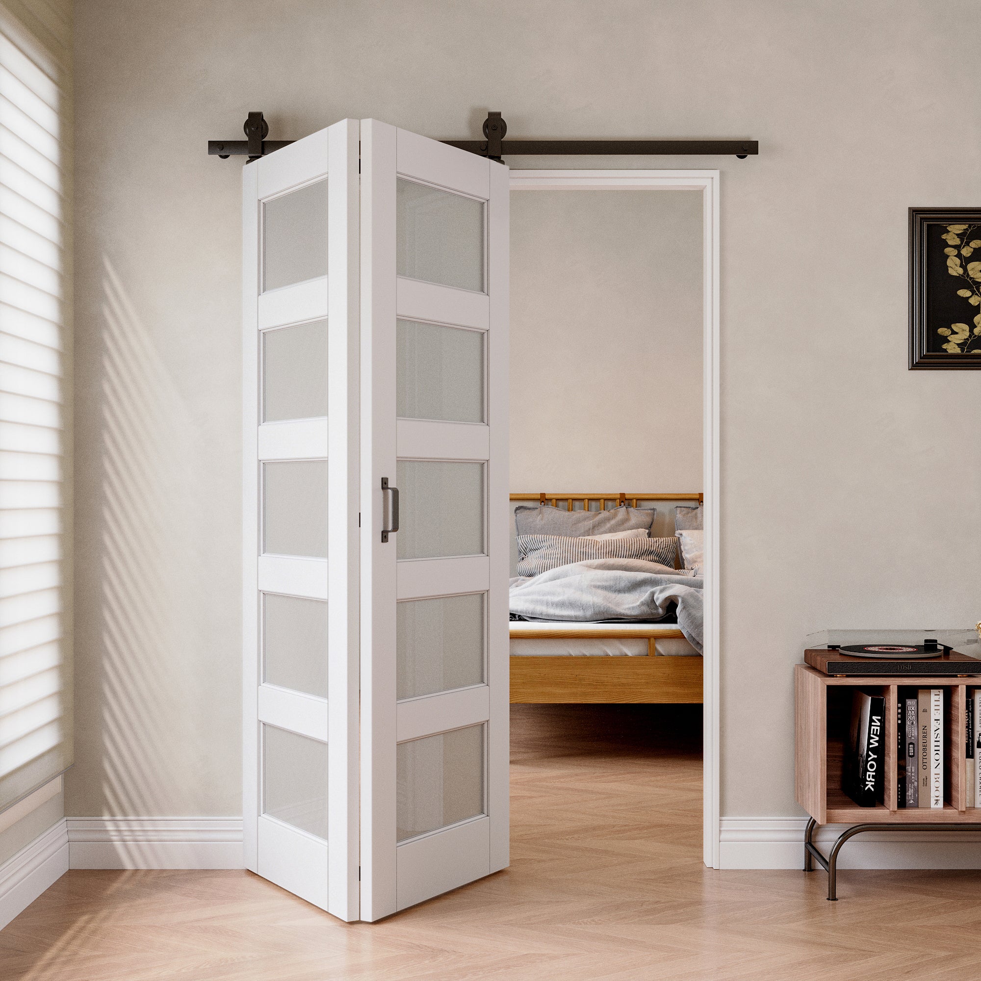 [Paintable] 5-Lite Tempered Frosted Glass Bifold Sliding Barn Door, Prefinished & Paintable Surface,with Hardware Kit