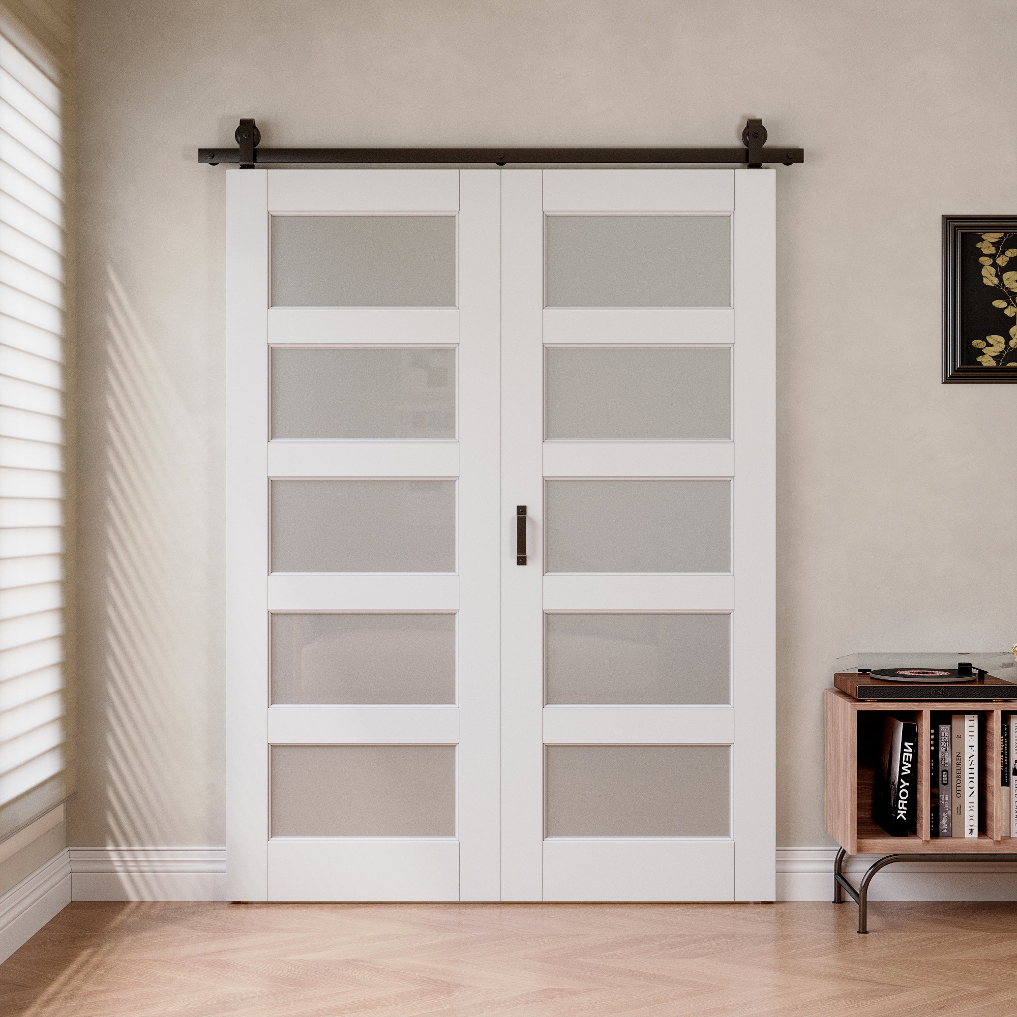 [Paintable] 5-Lite Tempered Frosted Glass Bifold Sliding Barn Door, Prefinished & Paintable Surface,with Hardware Kit